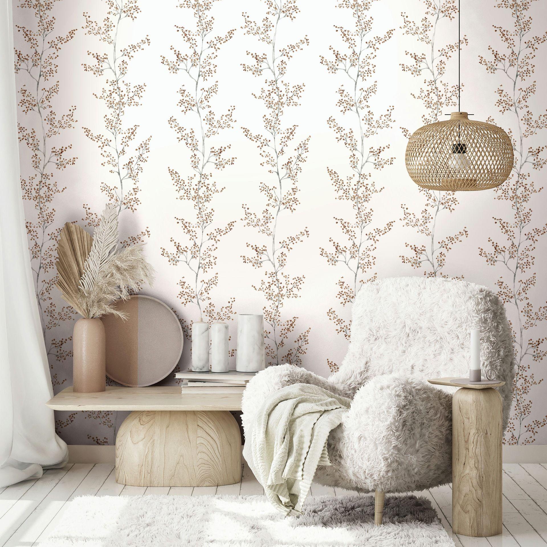Papel pintado no tejido hojas, ramas naturaleza floral mate en blanco beige