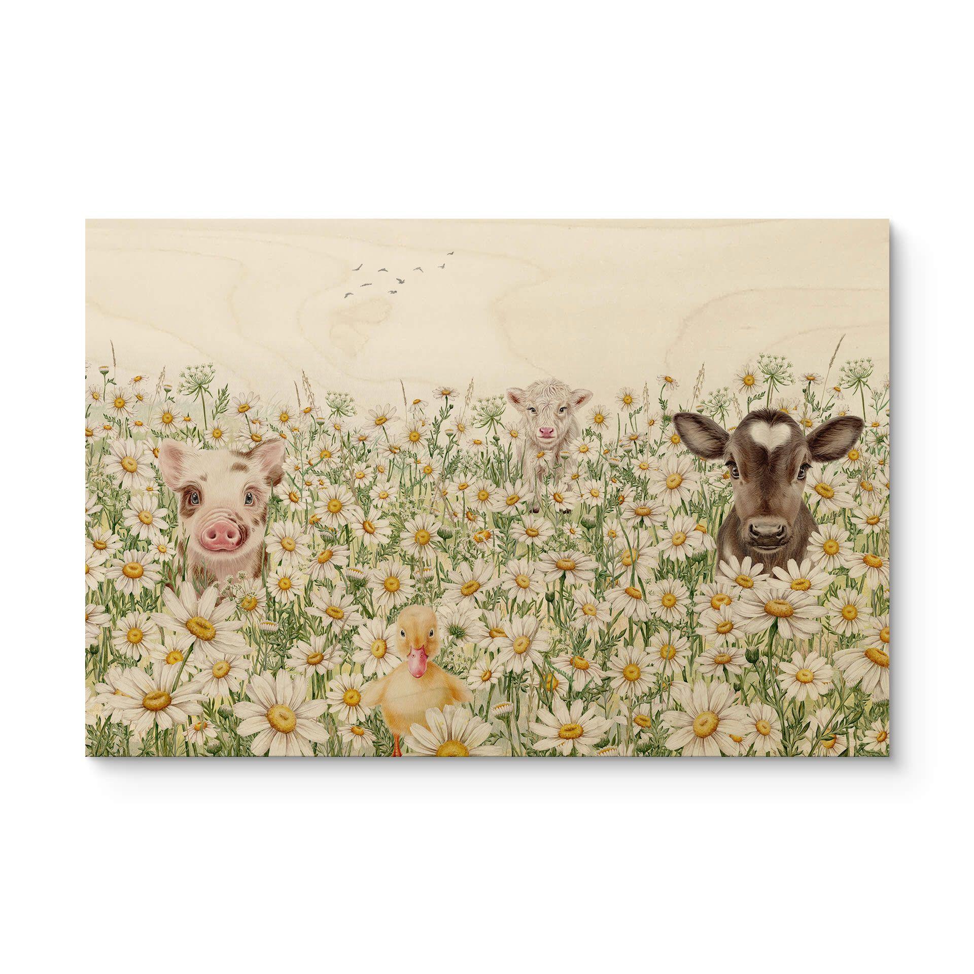 Cuadro de madera de animales de granja en el prado de flores - Kikki Belle