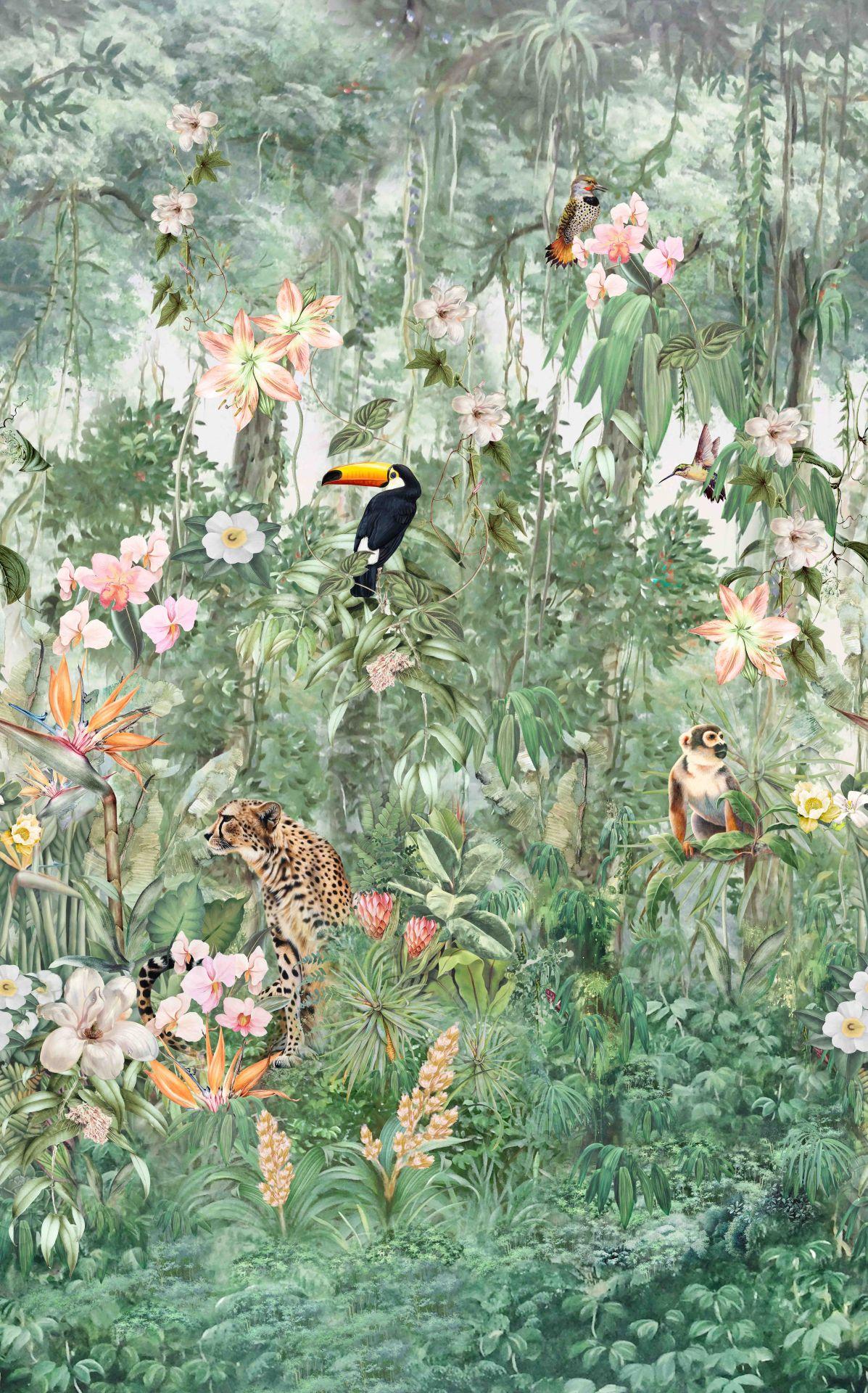 Fototapet med motivet jungledrøm med tukan, leopard og tropiske blomster 3,4 x 2,12 m