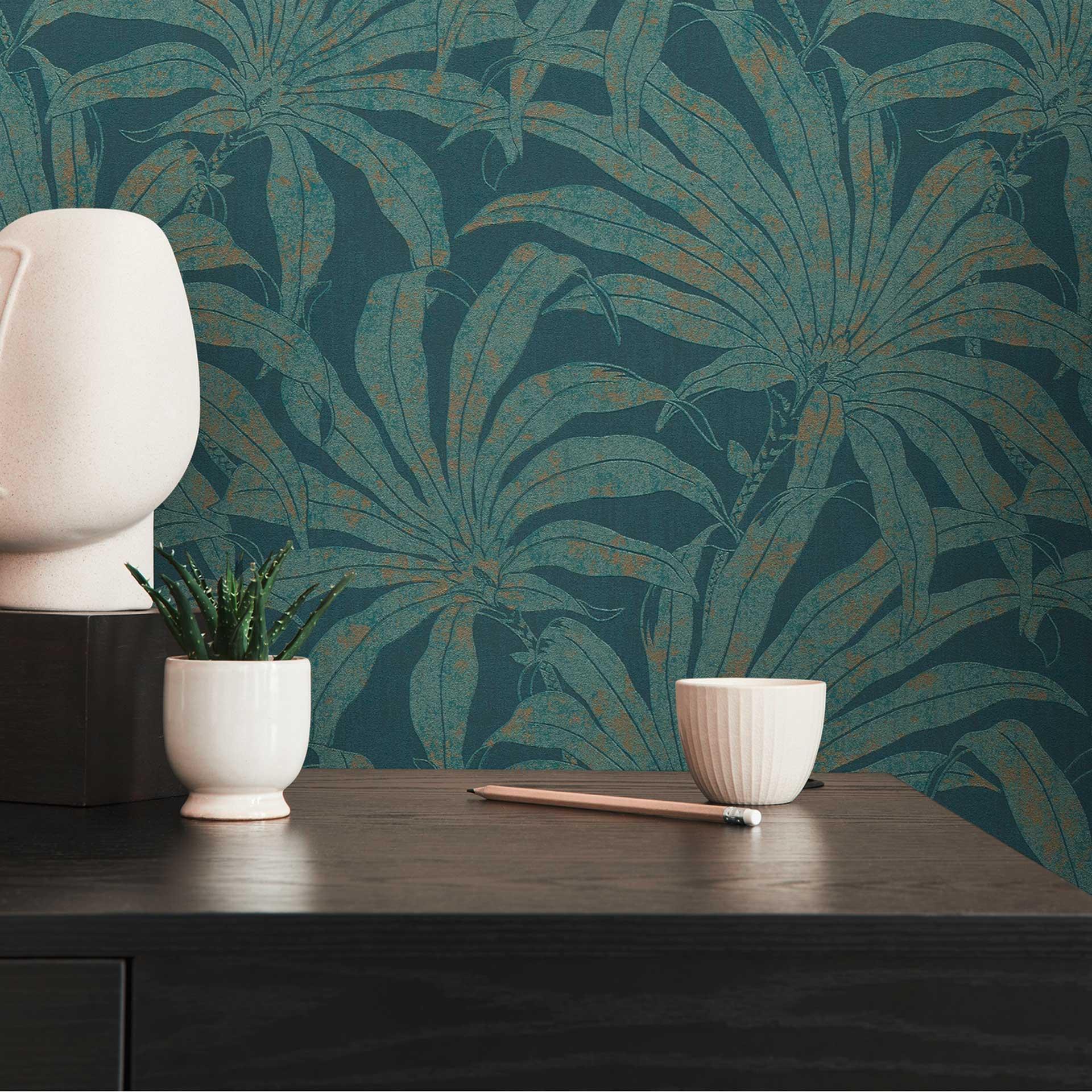 Papel pintado Planta azul claro brillante dorado - papel pintado con motivos de jungla 