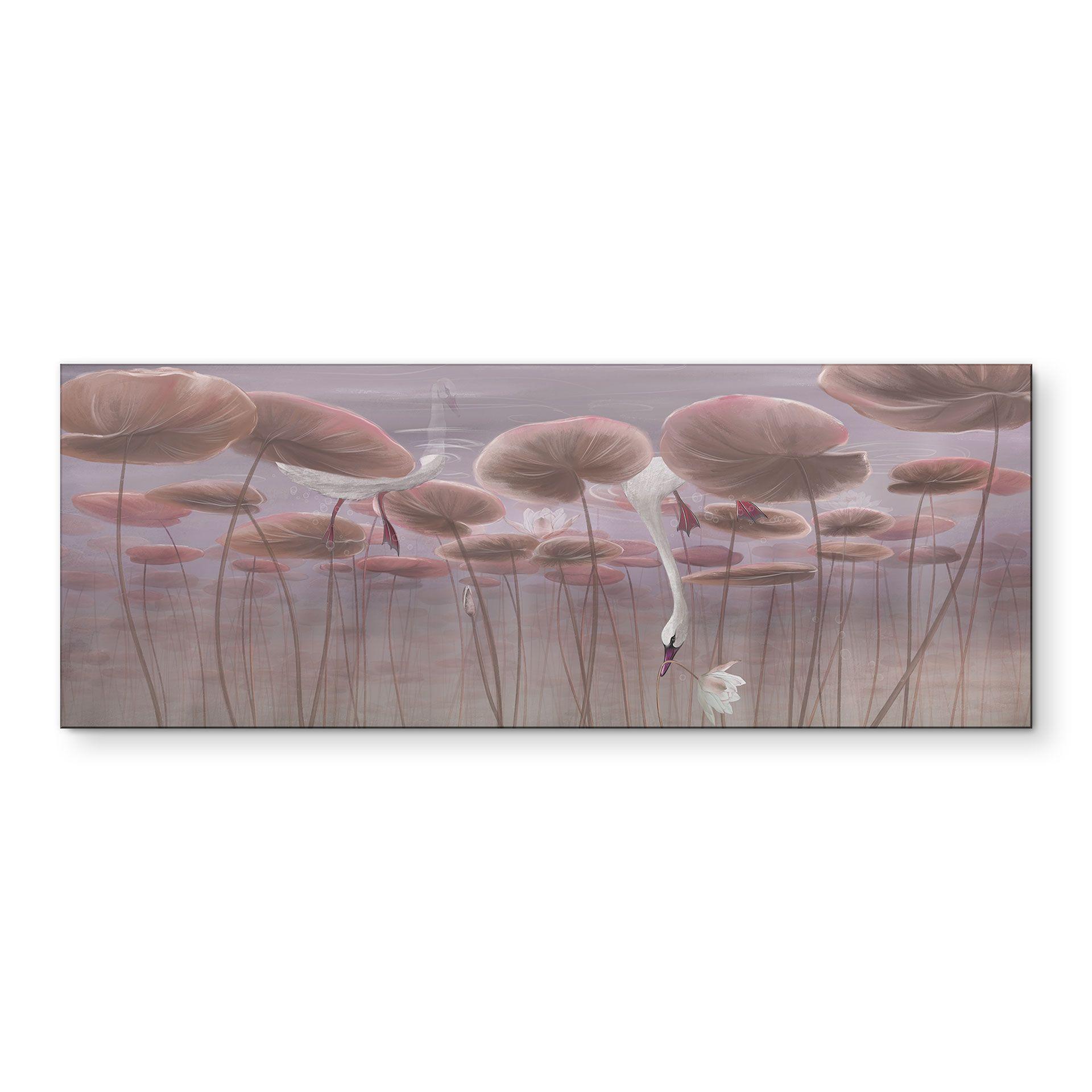 Wanddecoratie lotusbloemen met zwaan in het water in oudroze - Ms Tiff - Alu-Dibond Panorama