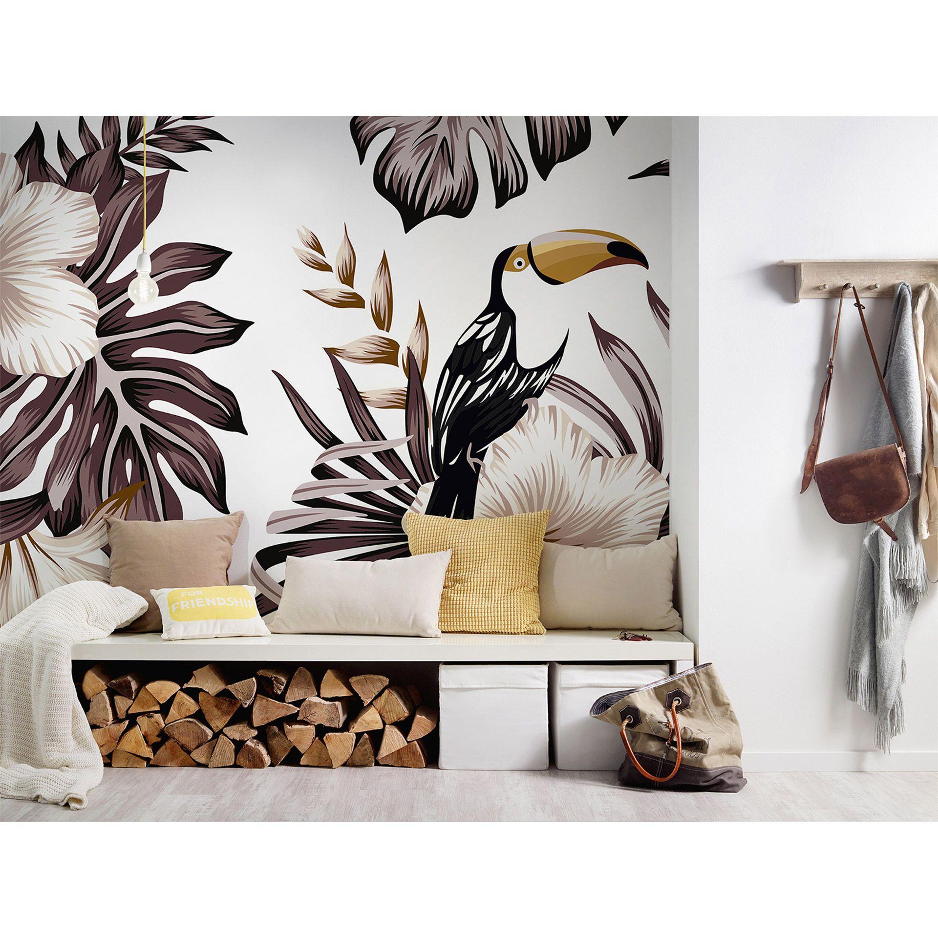 non-woven tapet Toucan fugle jungle foto tapet Designwalls i grå og hvid 