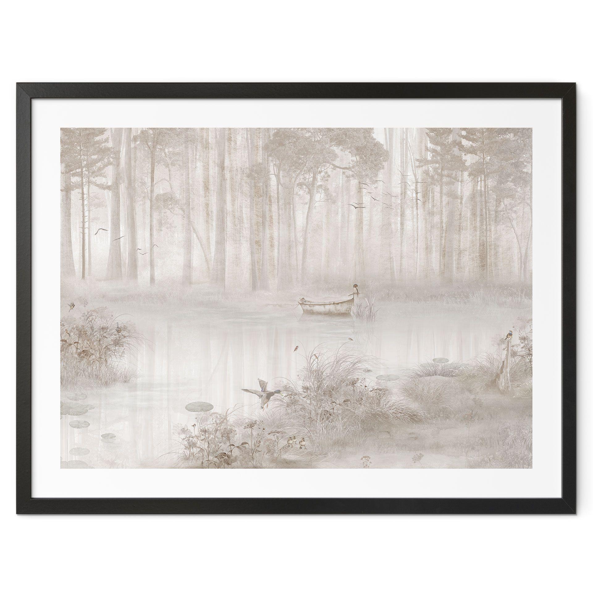 Poster Bos bij het meer in mist in beige - Ms Tiff