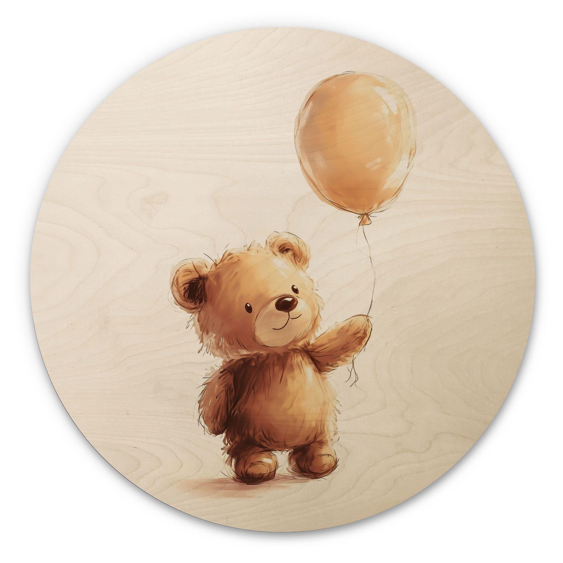 Billede af træ til babyværelset - Lille bamse med ballon - Magnusson - Rund