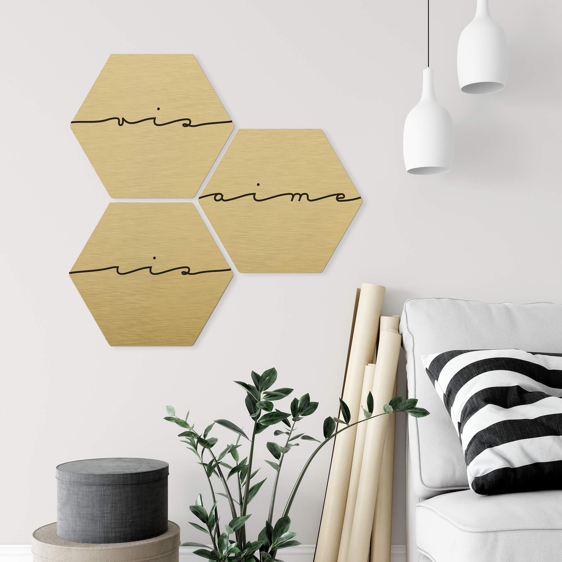 Hexagone - Alu-Dibond aspect doré - Vis ris aime (Set de 3)