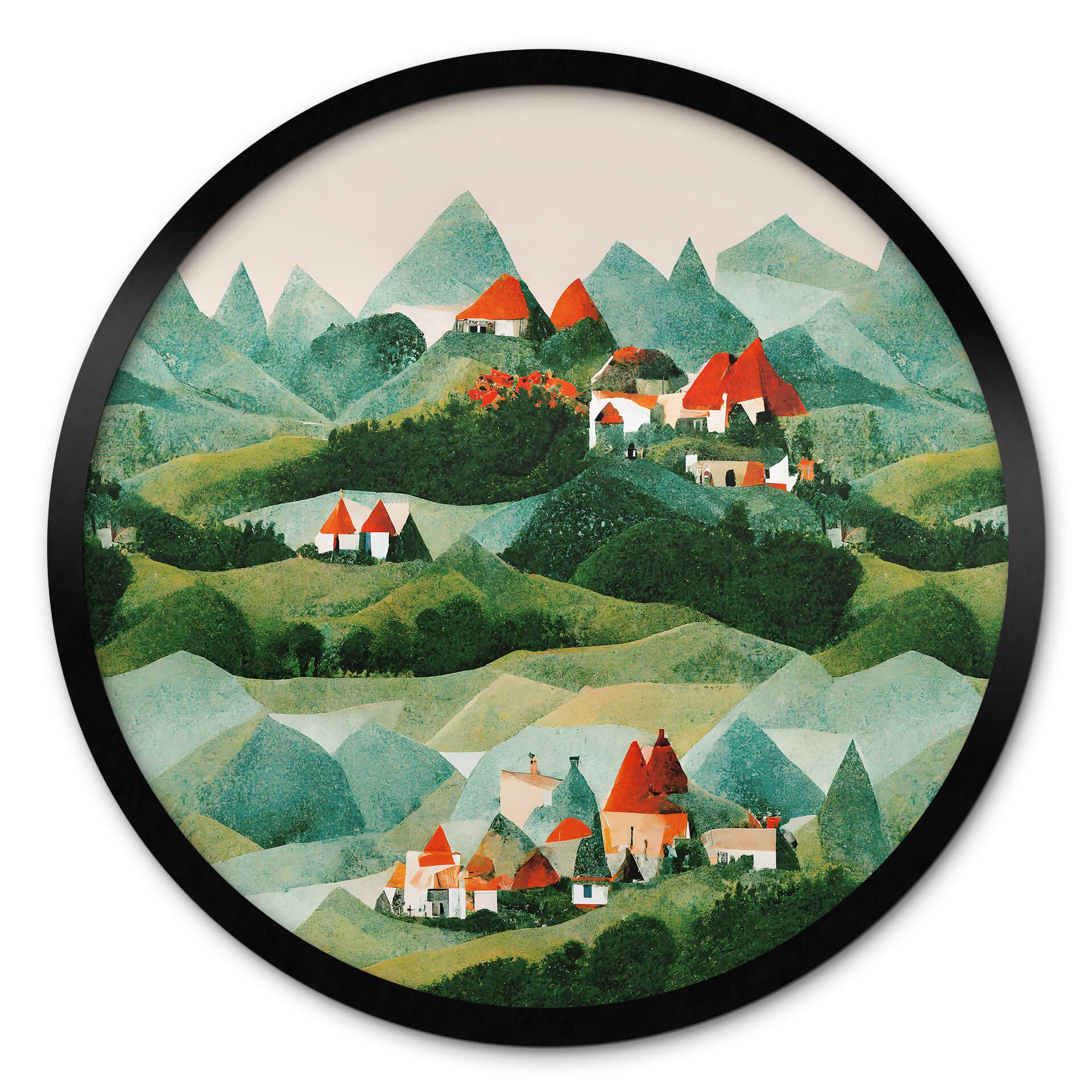 Póster Treechild - Pequeño pueblo en medio de verdes colinas - Redondo
