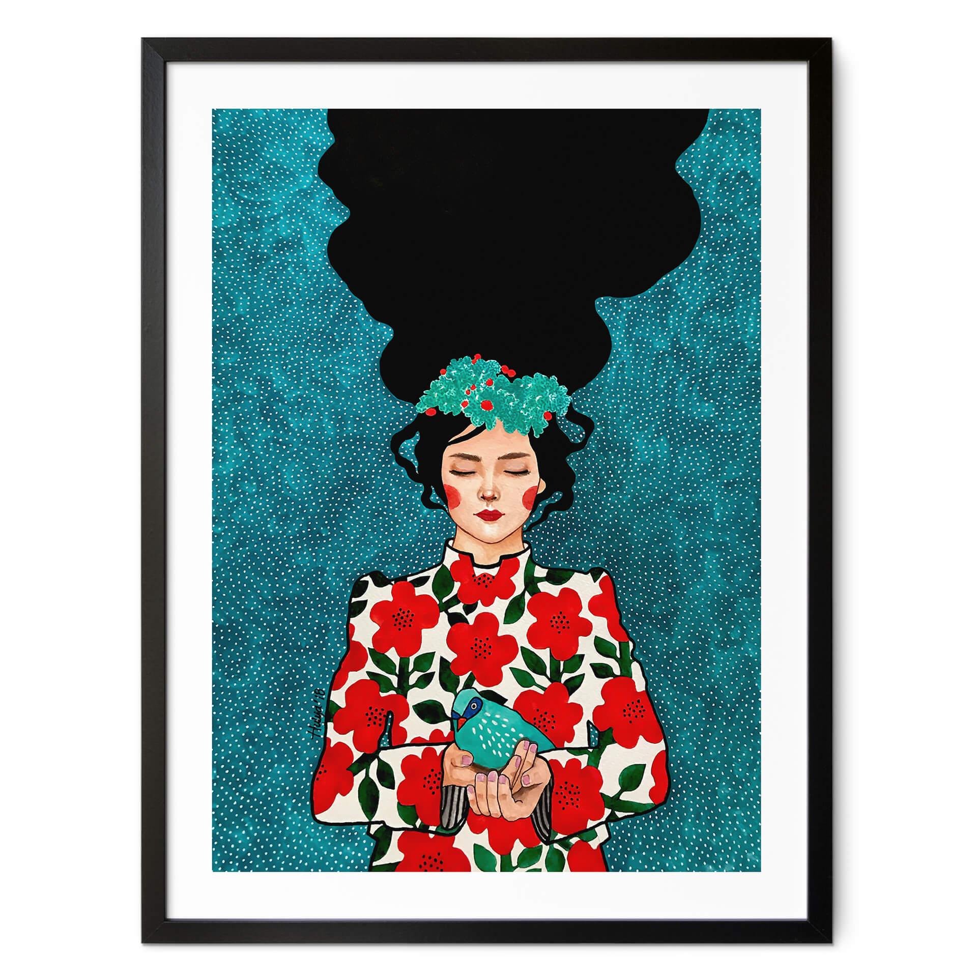 Póster mujer con pajarito en las manos - Hülya