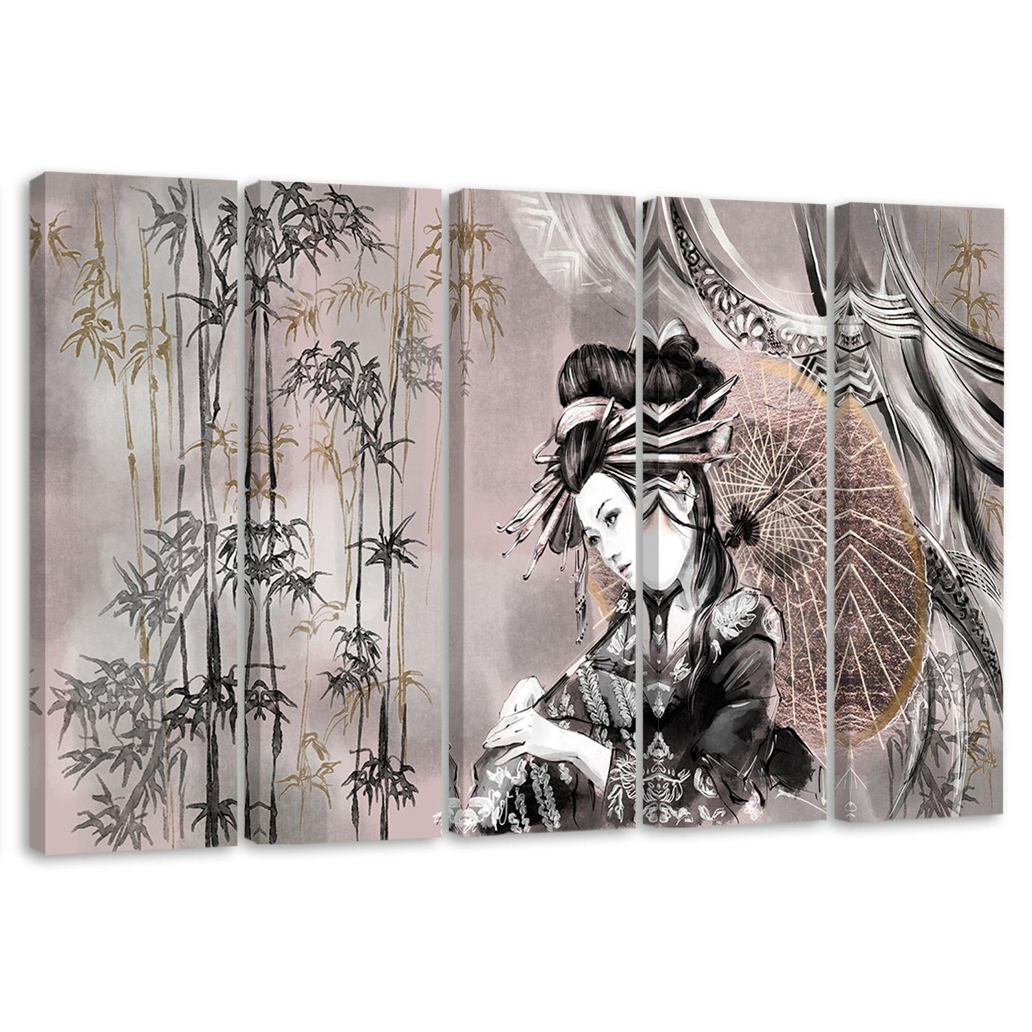 Lærred print 5 dele, geisha og bambus