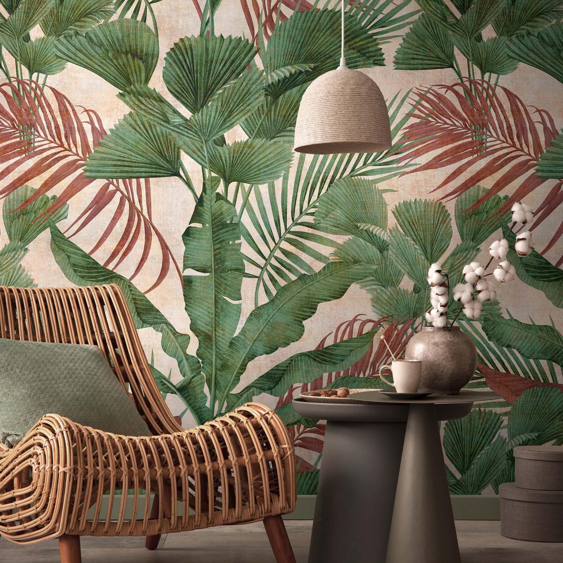 Fototapet jungle grøn beige rød ikke-vævet palme blade ikke-vævet tapet køkken