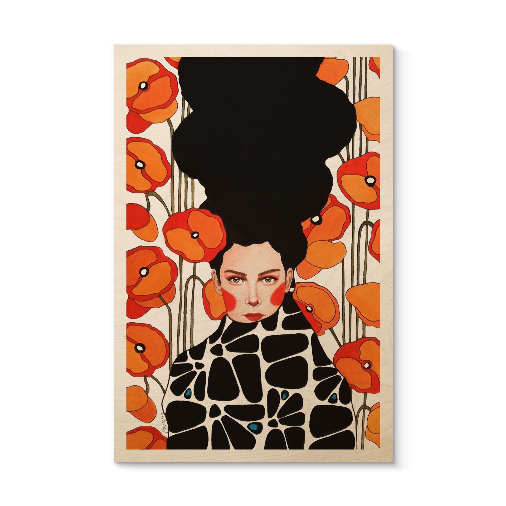 Cuadro de madera mujer con flores de amapola retro - Hülya