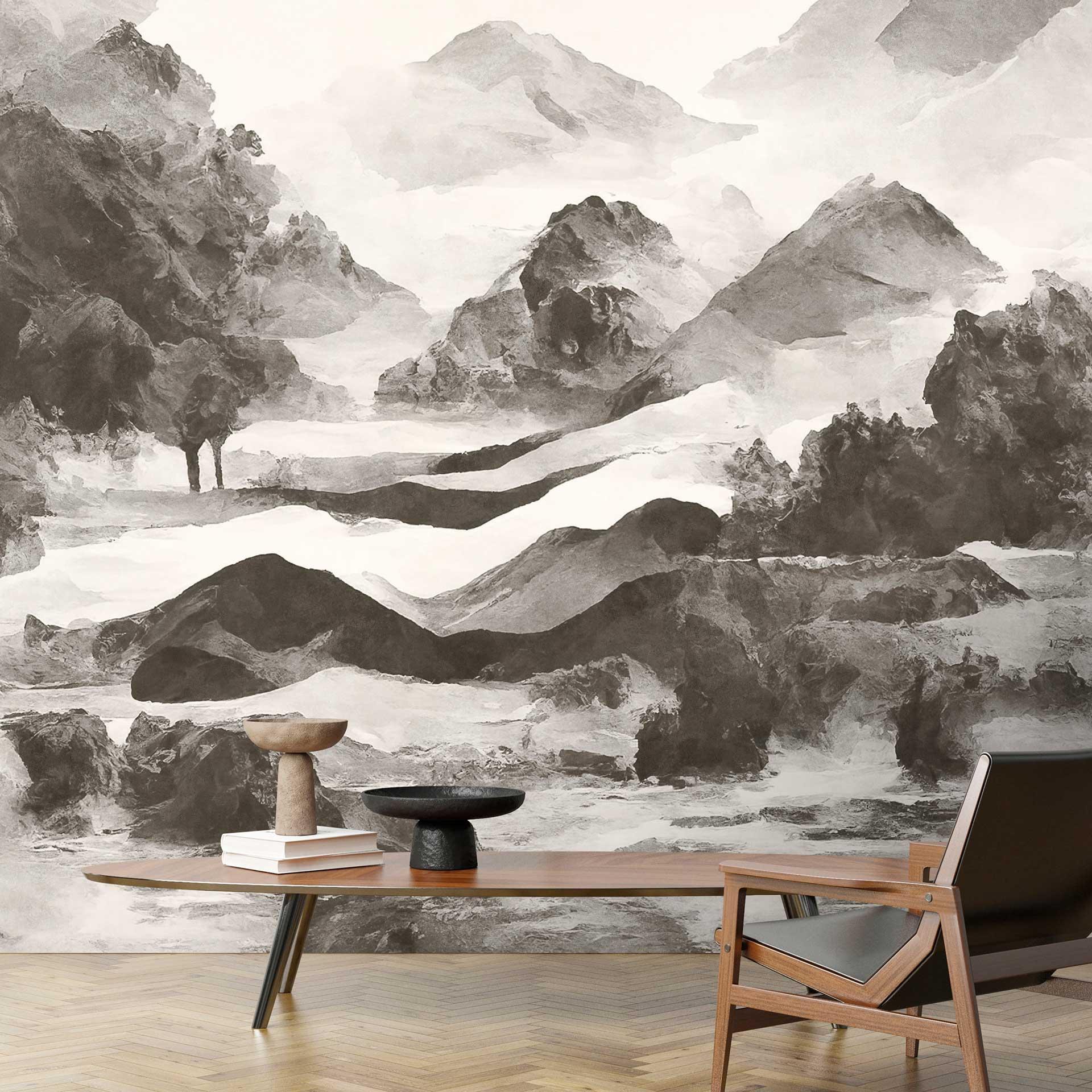 Monokromt bjerglandskabstapet - kunstnerisk akvarel-look
