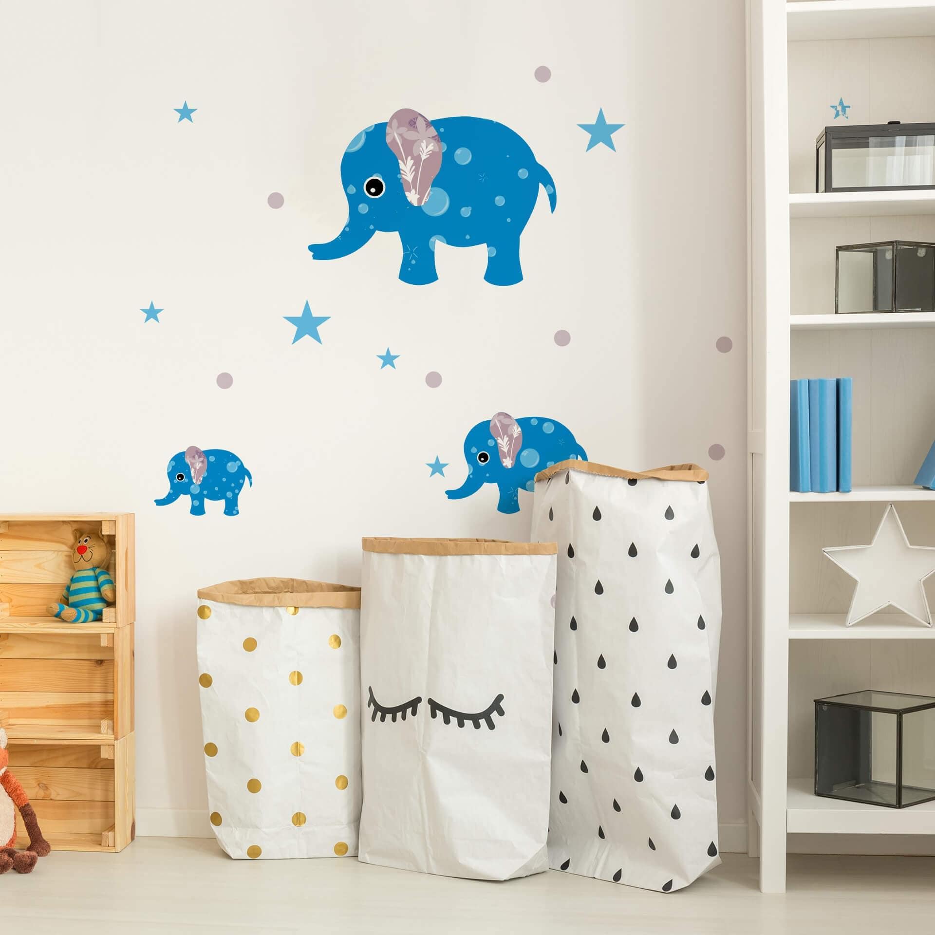 Wallsticker - Mønsterelefant, blå (sæt med 3)