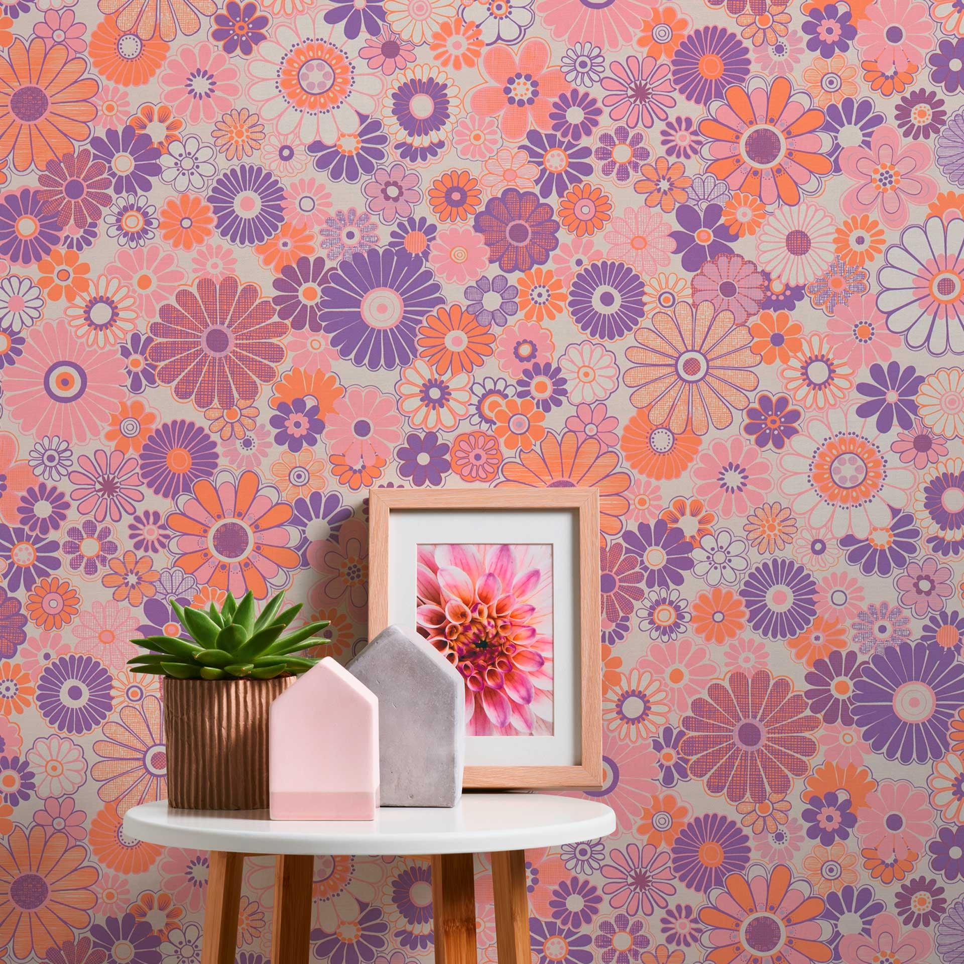 Papel pintado floral violeta naranja - papel pintado floral en estilo retro - papel pintado no tejido vintage