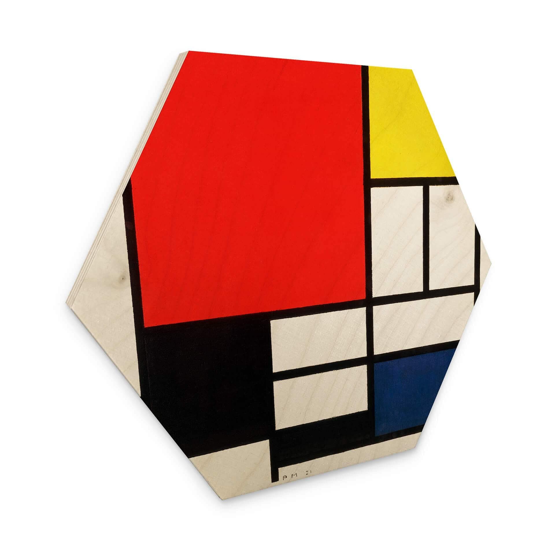 Hexagone - Bois Mondrian - Composition en rouge, jaune, bleu et noir