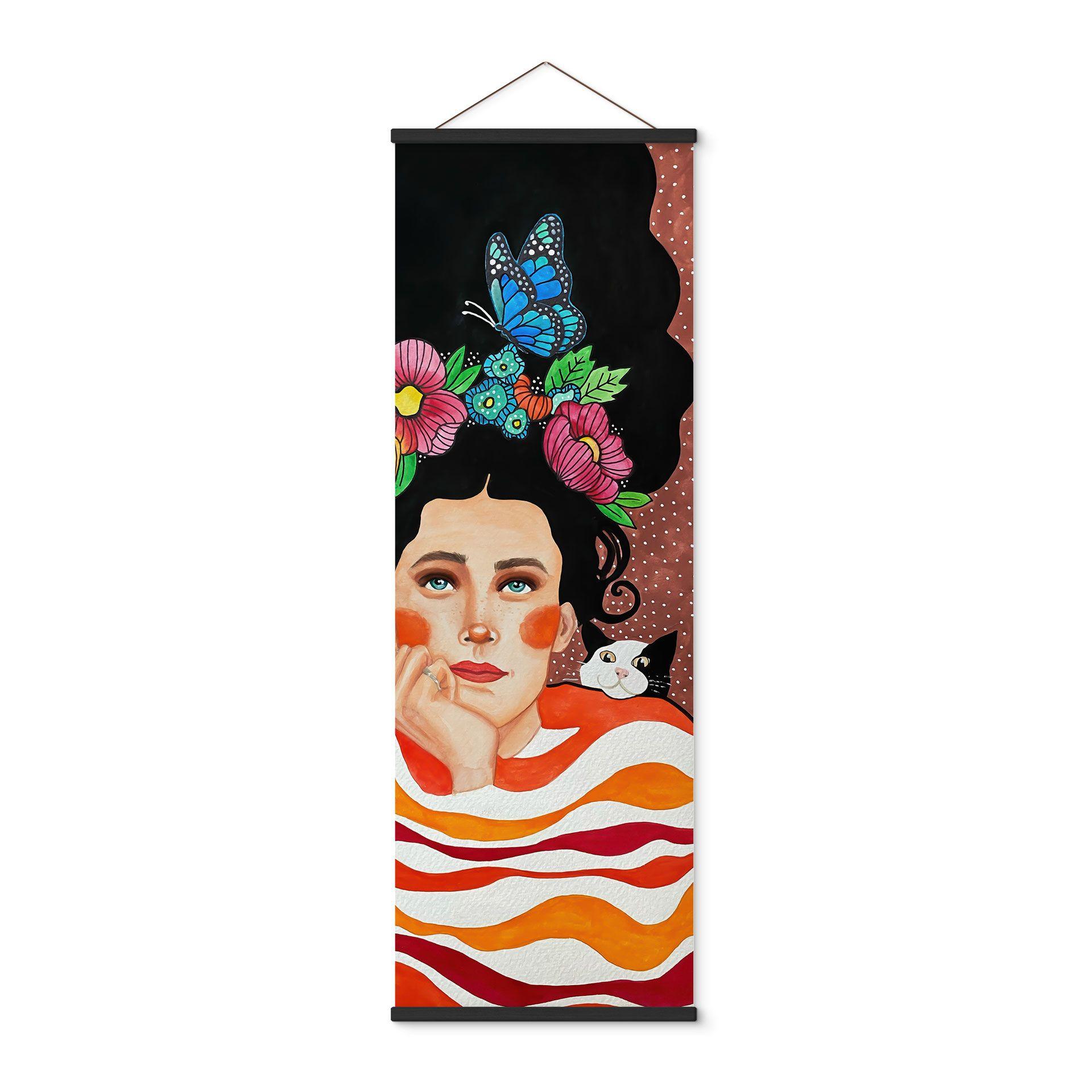 Póster de tela mujer con corona de flores y gatos - Hülya - Panorama