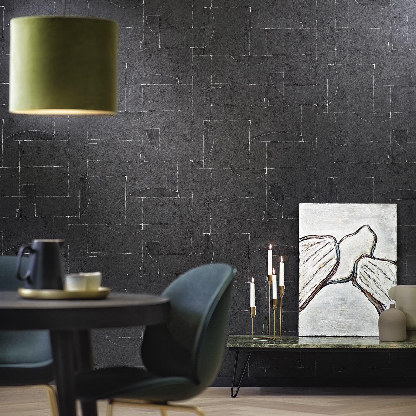Papel pintado no tejido con aspecto de escayola en gráfico negro teja