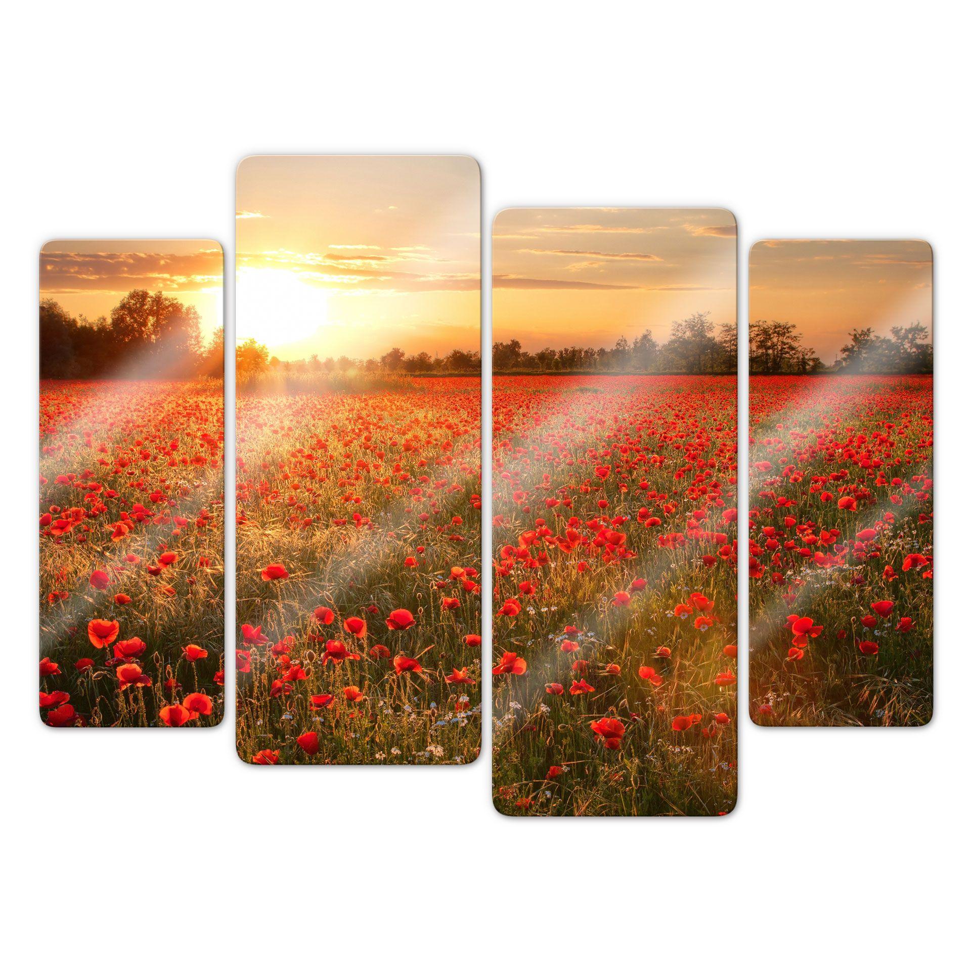 Tableau en verre - Champ de coquelicots au coucher du soleil (4 parties)
