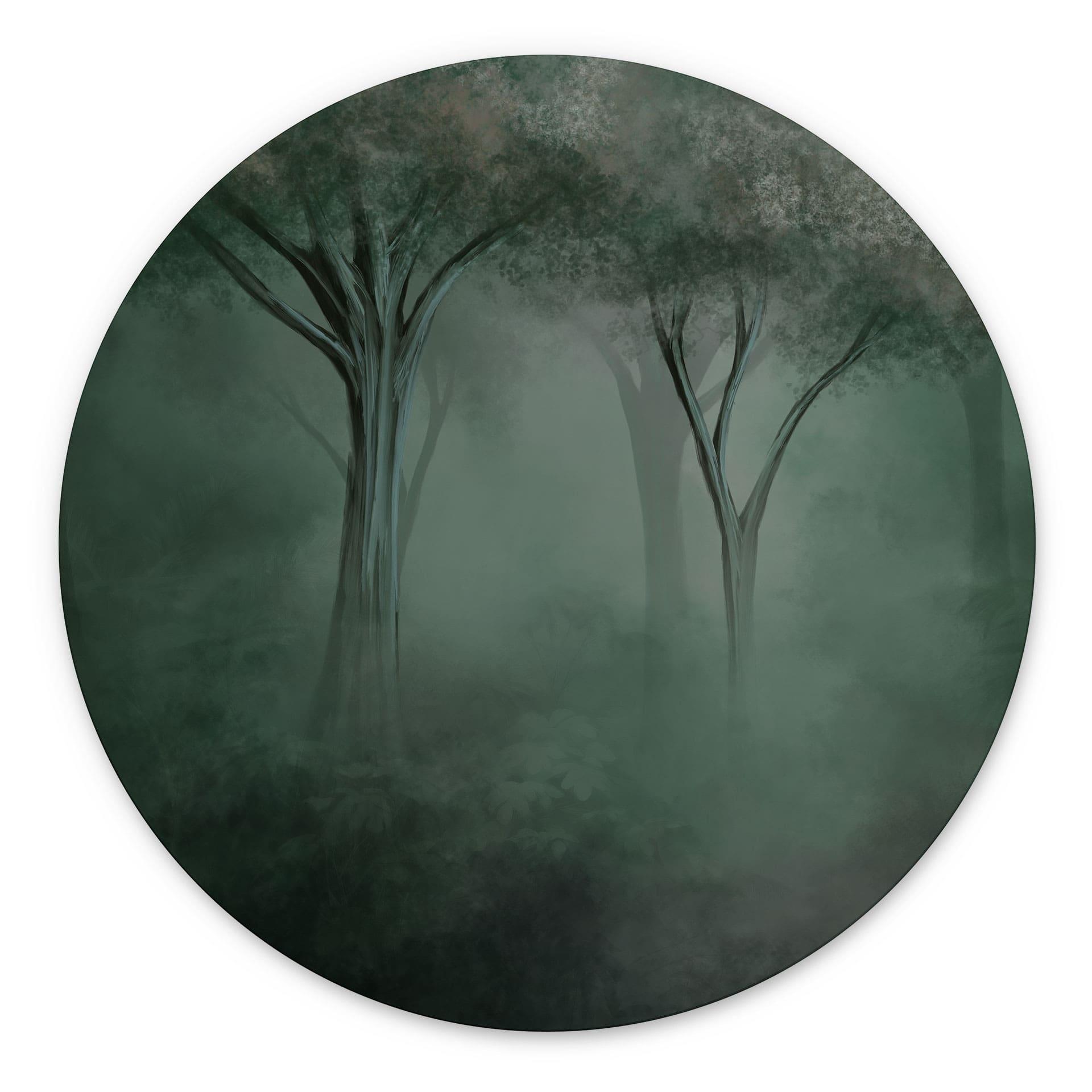 Wanddecoratie Bosmagie in de ochtendnevel groen - Ms Tiff - Alu-Dibond Rond