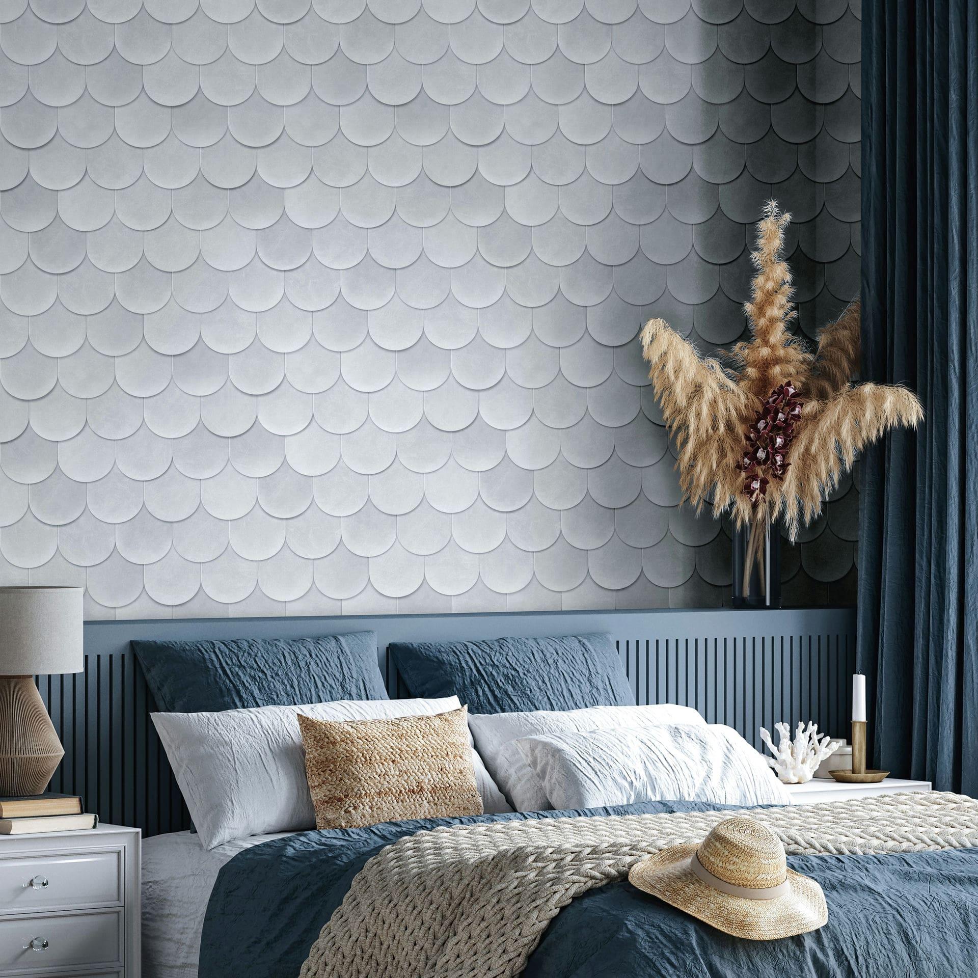 Papel pintado no tejido en gris azul 3D look escamas vintage usado look geométrico 