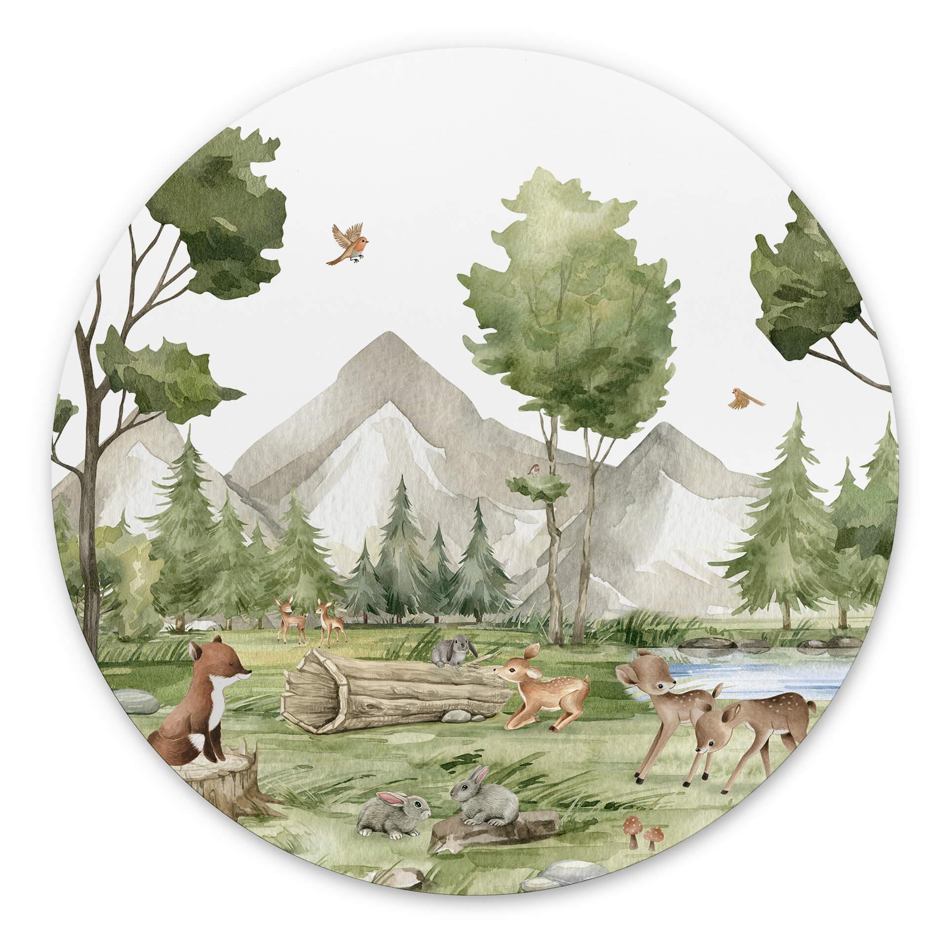 Vægcirkel Oliver Robins - Cute Forest Animals – print på aluminium (Alu-Dibond)