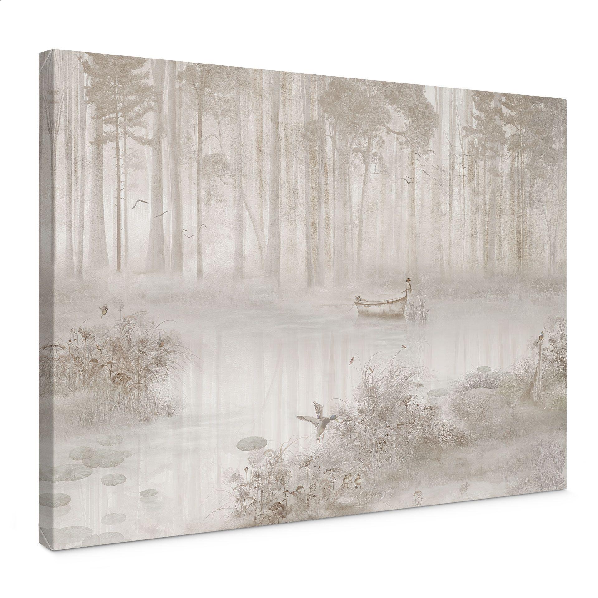 Canvas schilderij bos bij het meer in beige mist - Ms Tiff
