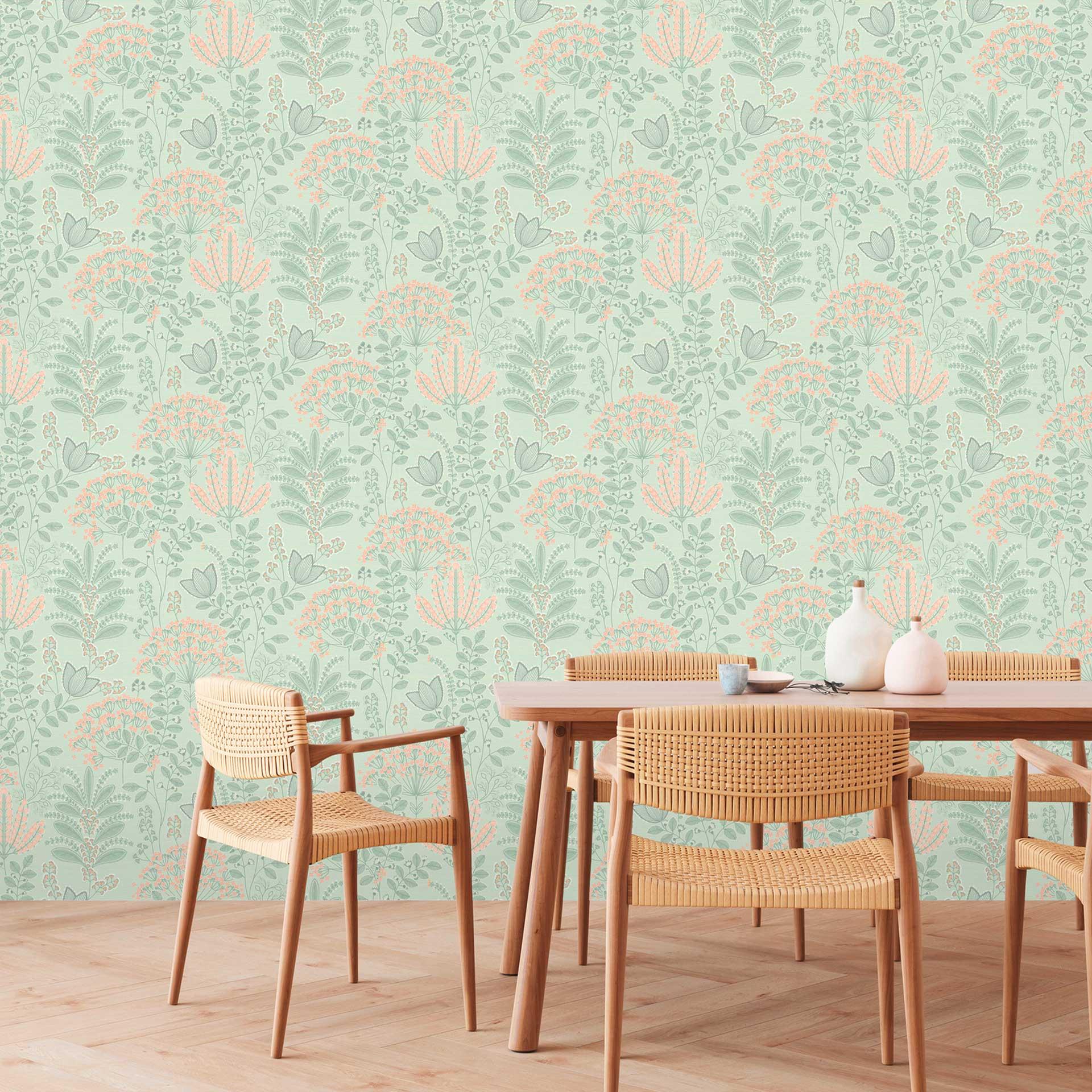 non-woven tapet med retro look blade grå grøn - blomstret tapet blomster
