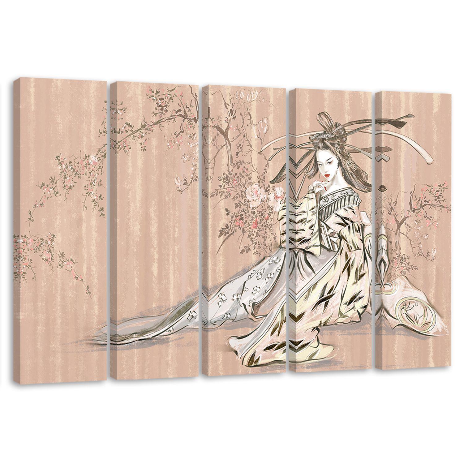 5 stykke lærredstryk, traditionel japansk geisha