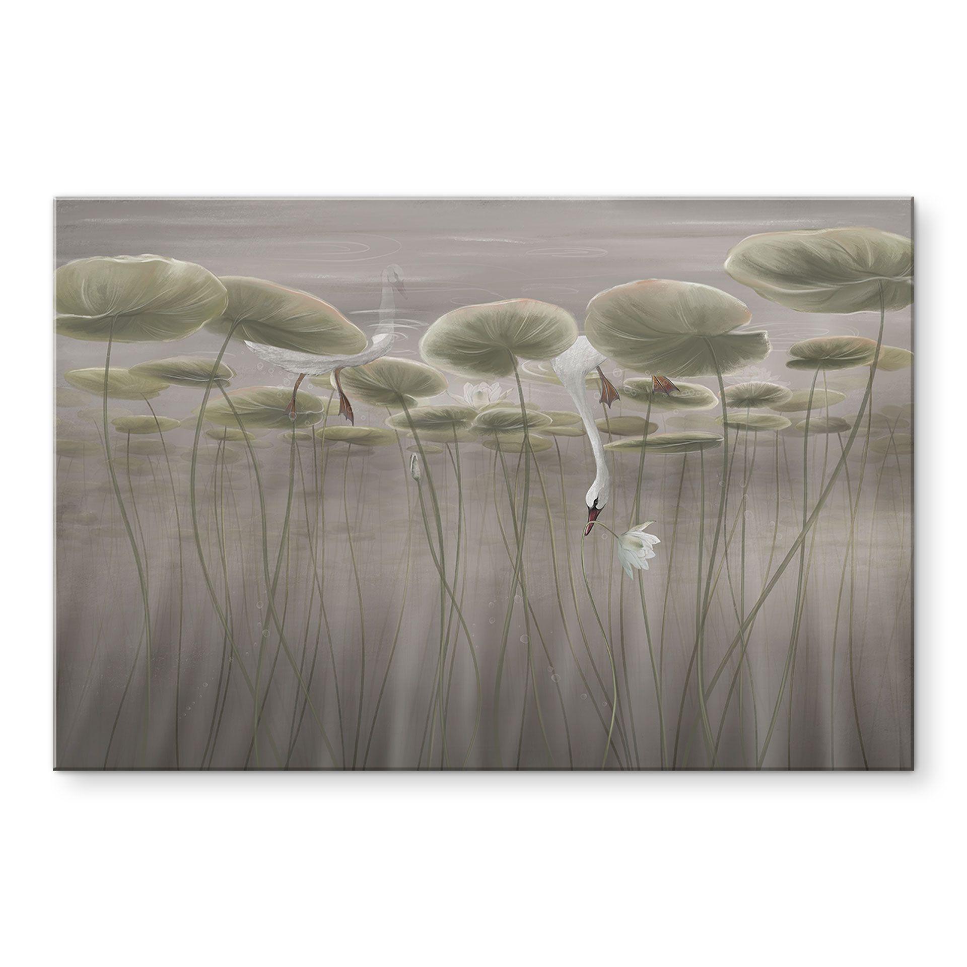 Glasschilderijen Lotusbloemen met zwaan in water in grijs - Ms Tiff