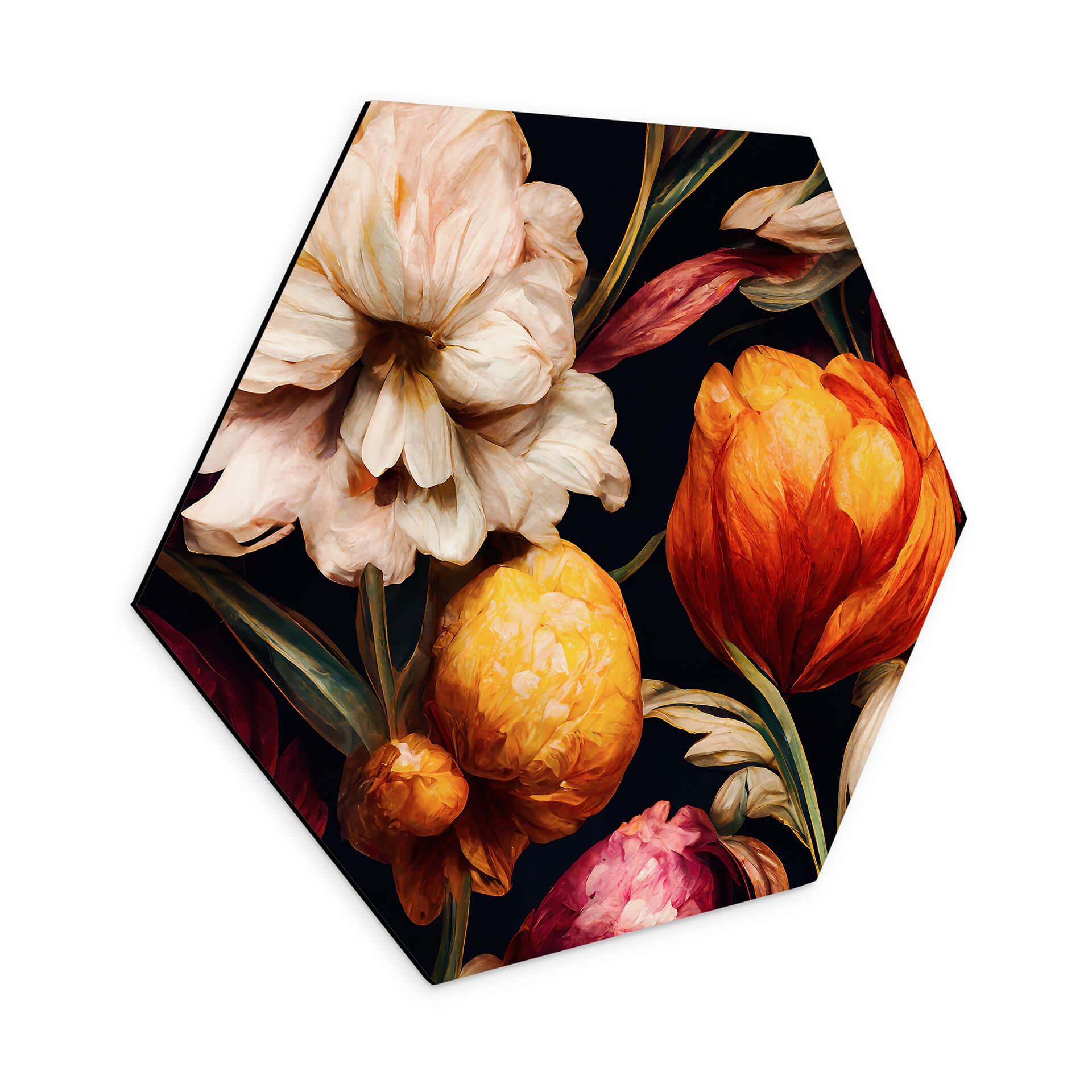 Hexagon Dibond Blomsterbægre i okker og rosa - Treechild