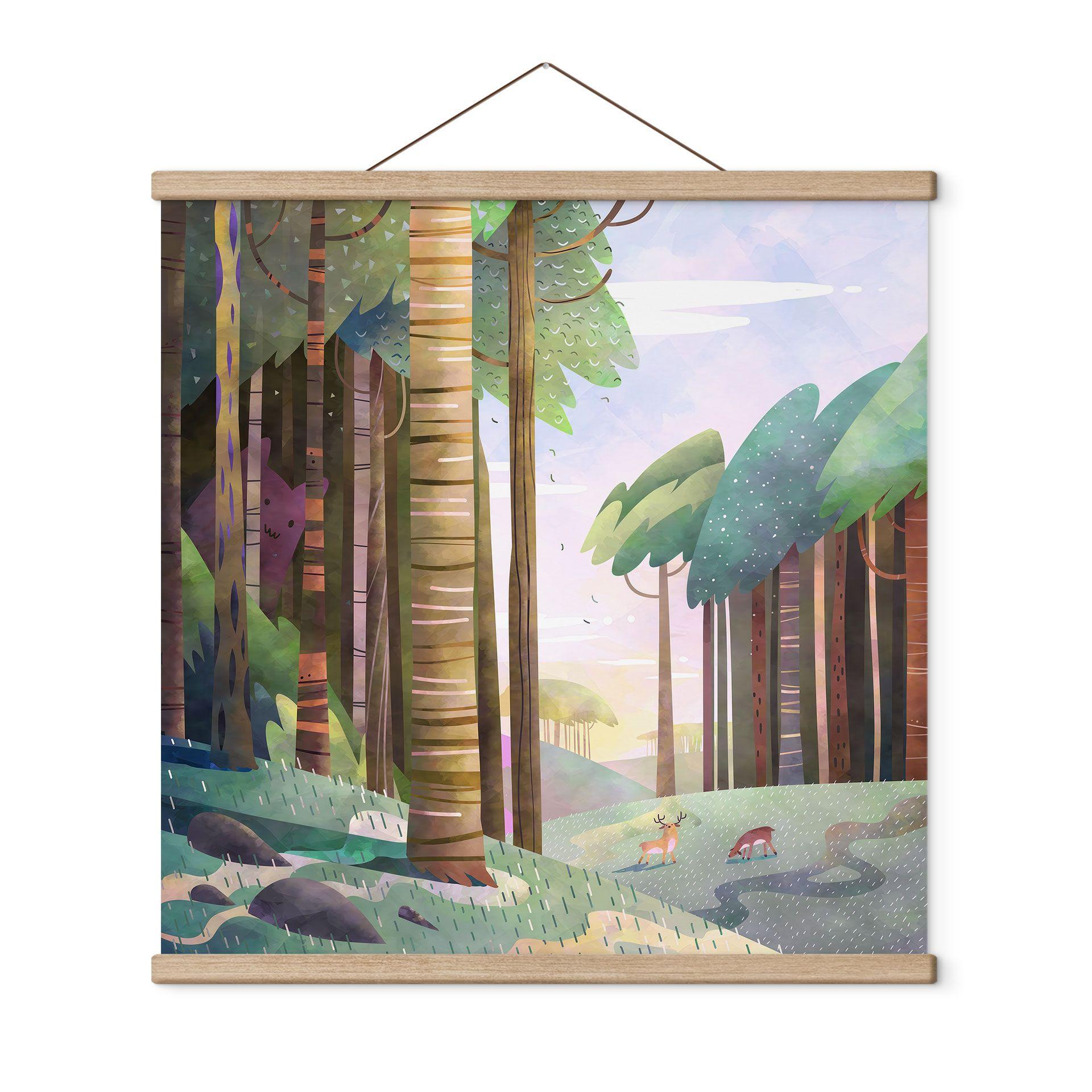 Póster de tela Bosque soleado con ciervos - DigitalArtsi