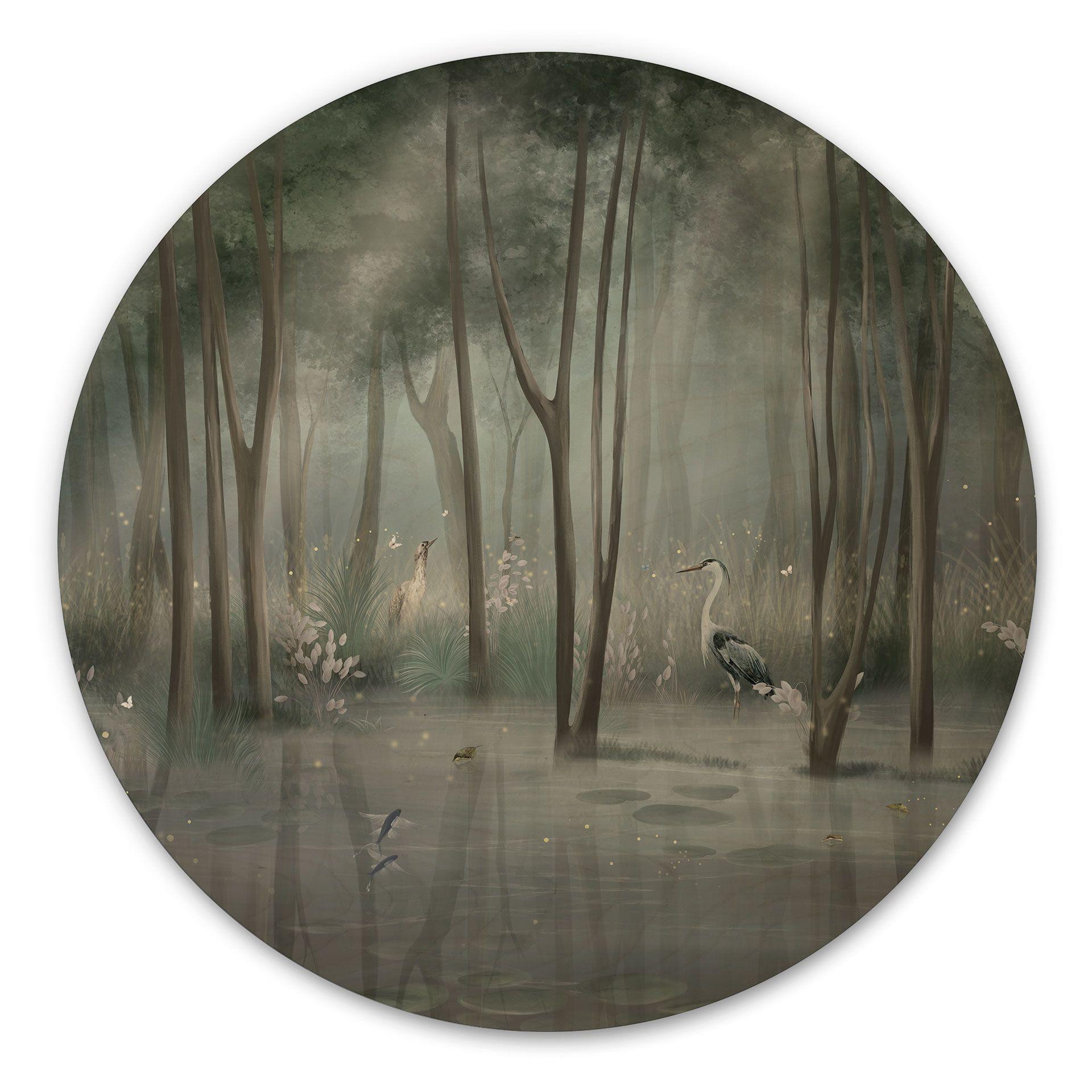 Houten Wanddecoratie wolkenbos aan het meer met reiger in het groen - Ms Tiff - Rond