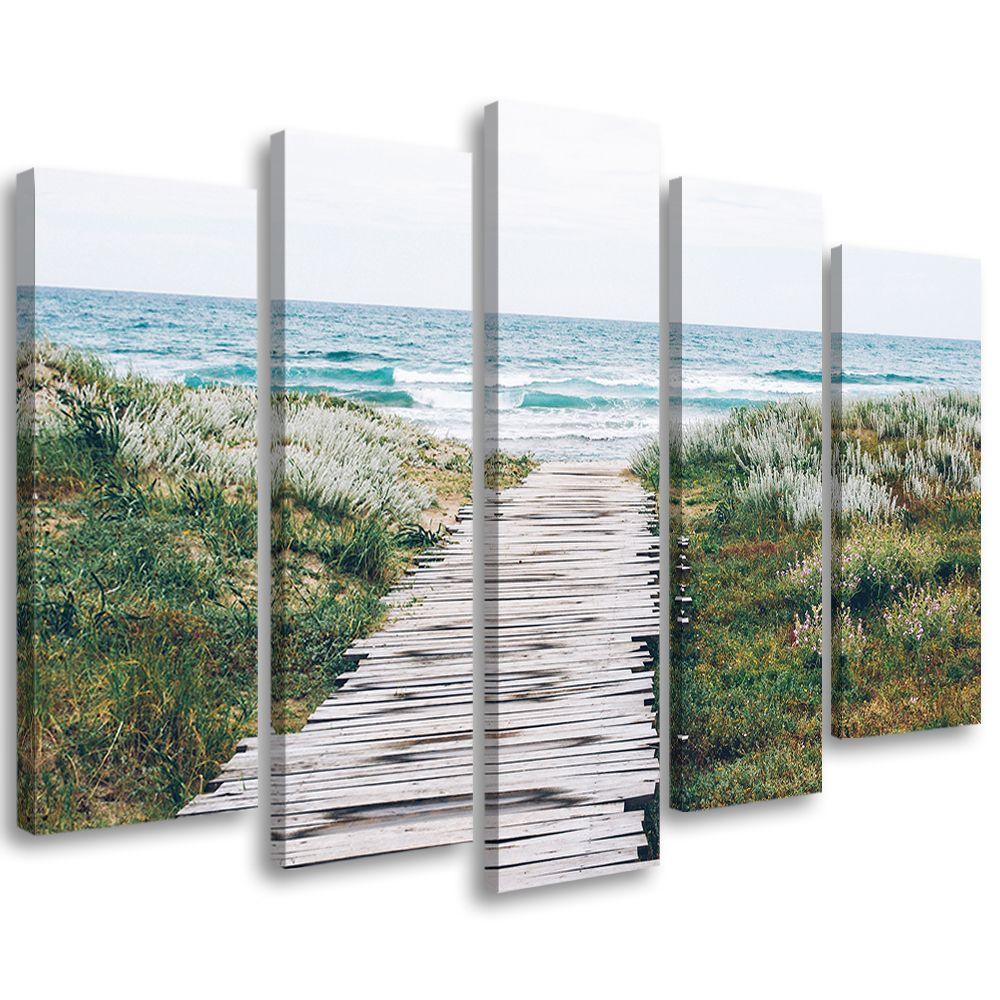 5 stykke lærredstryk, strand havstilandskab