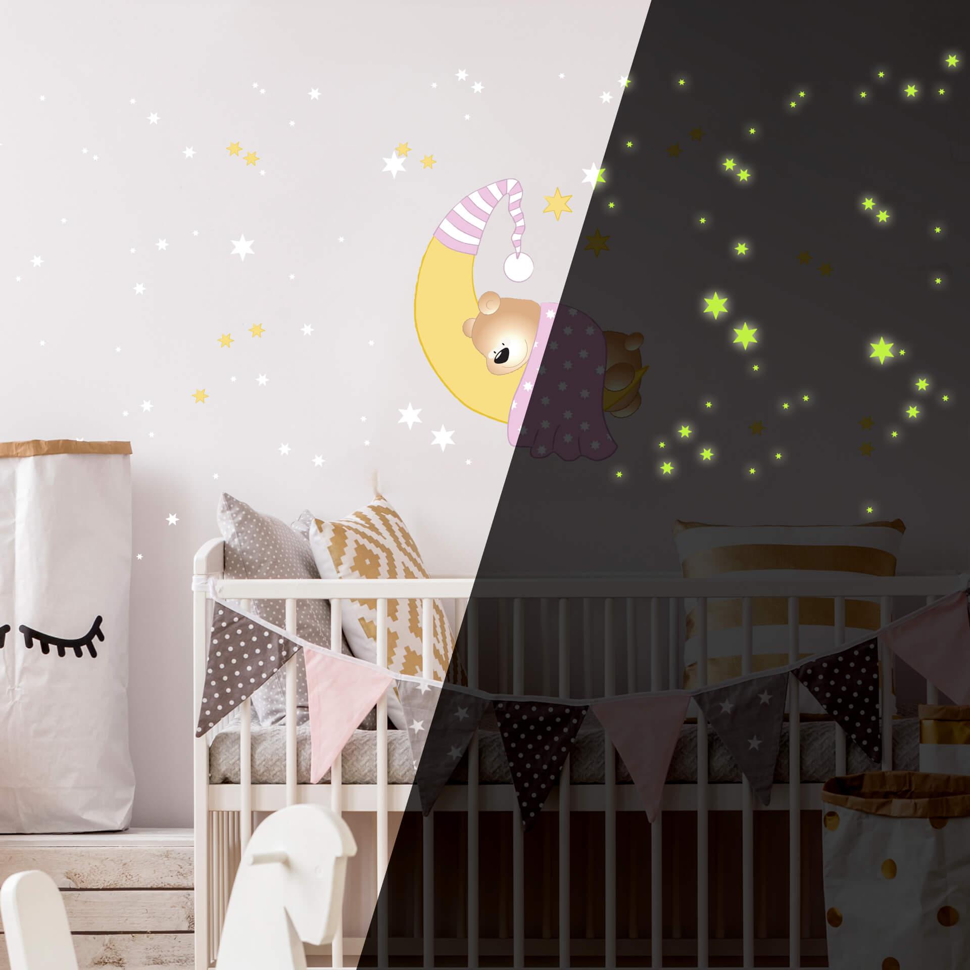 Wallsticker Bjørn, måne og stjerne (pink) som er selvoplysende i mørke - vægprint