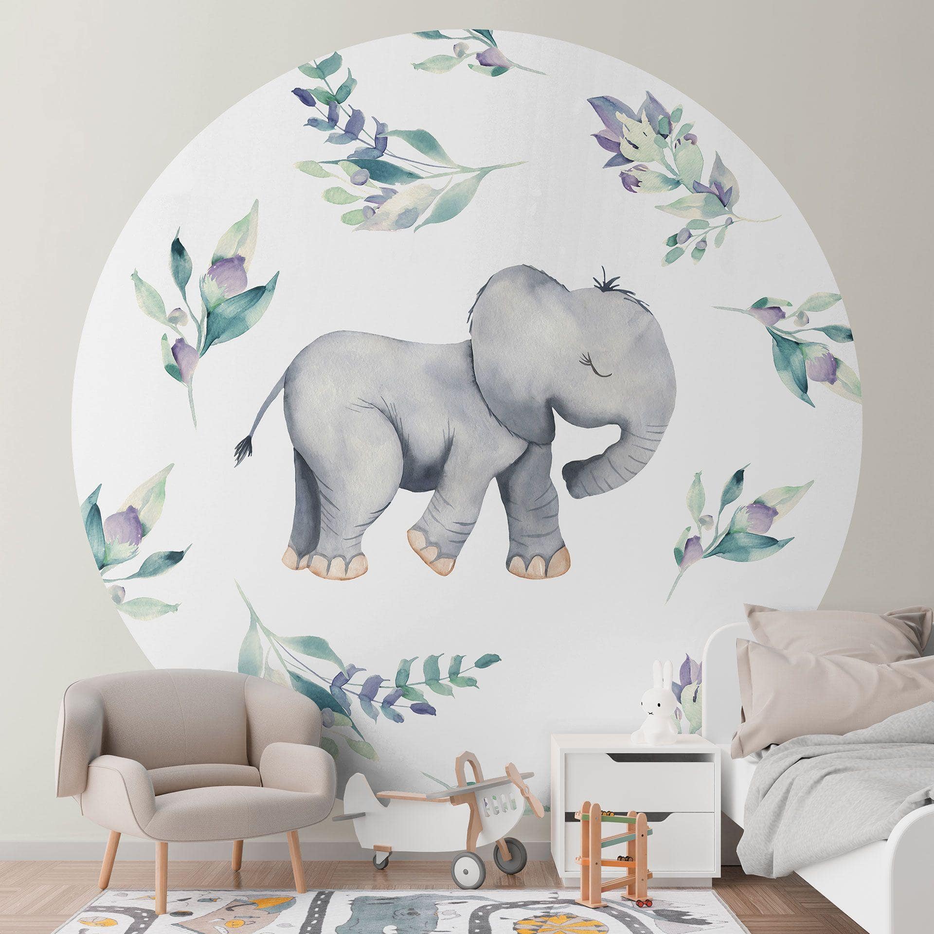 Tapet cirkel Sød babyelefant mellem boho-grene - UN Designs - vliesetapet/selvklæbende non-woven tap
