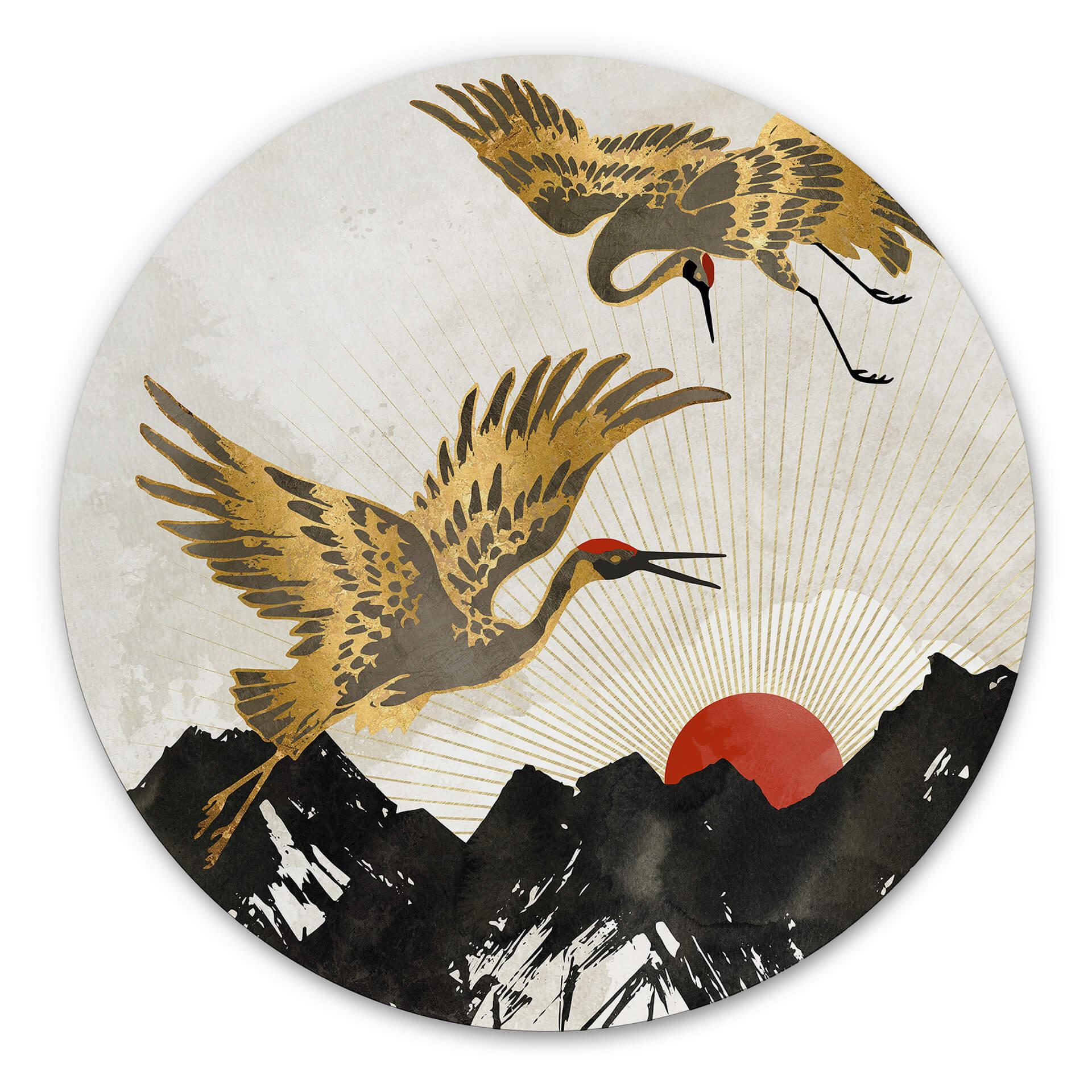 Tableau sur alu-Dibond rond SpaceFrog Designs - Grues dorées