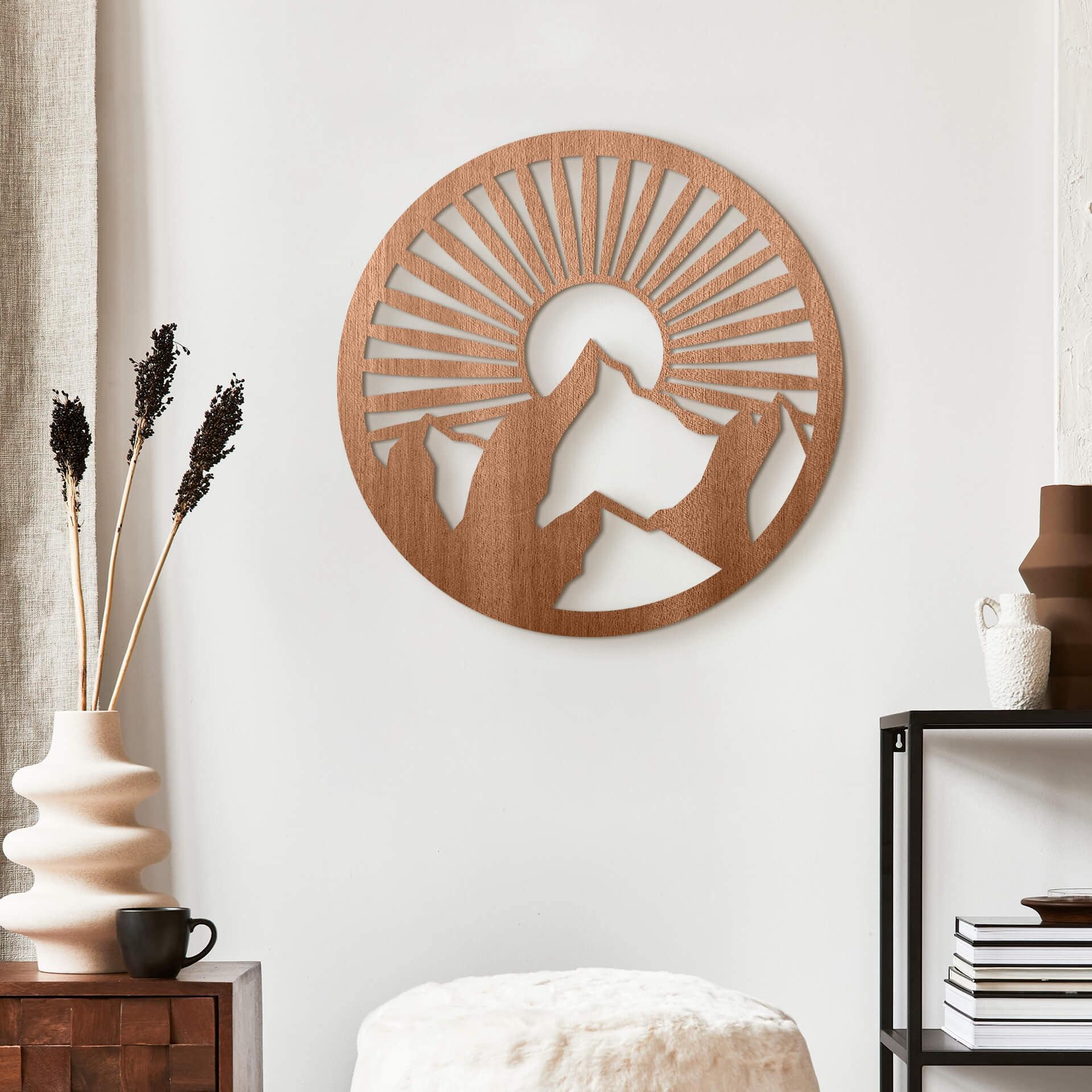 Decoración en madera paisaje de montaña al atardecer - madera de caoba redonda