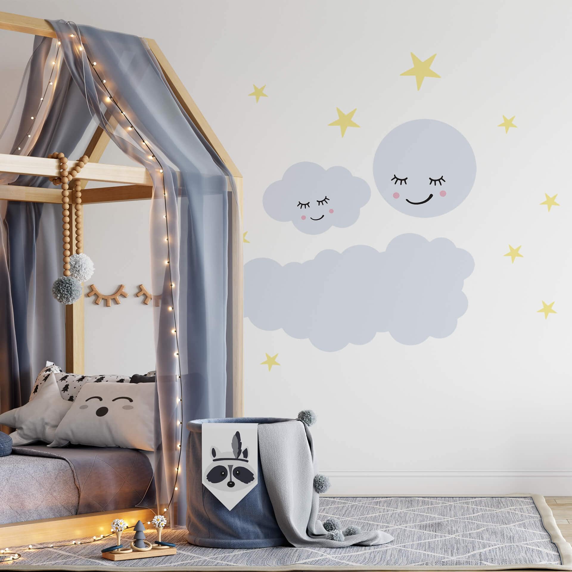 Muursticker Sterren met Slapende Maan en Wolken