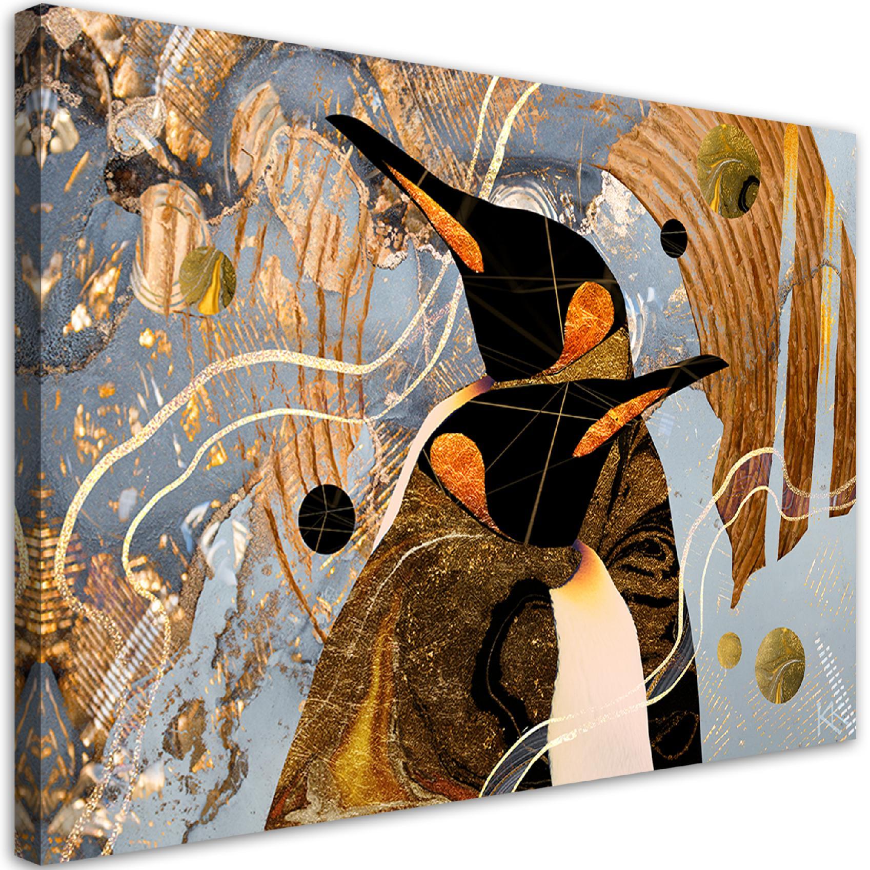 Canvasbillede, abstrakte gyldne pingviner