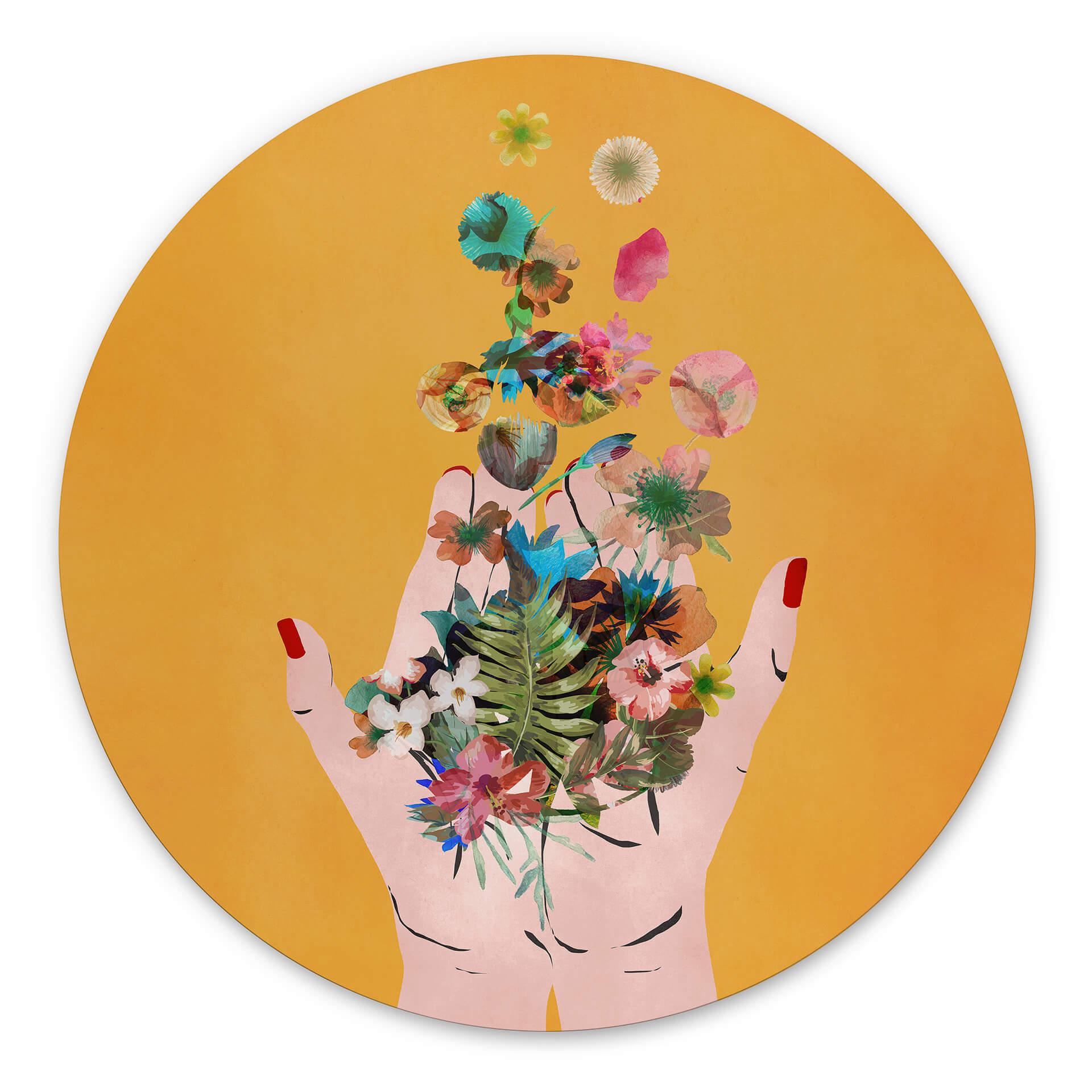 Vægcirkel Treechild - Colorful flowers in Frida's hands – print på aluminium (Alu-Dibond)