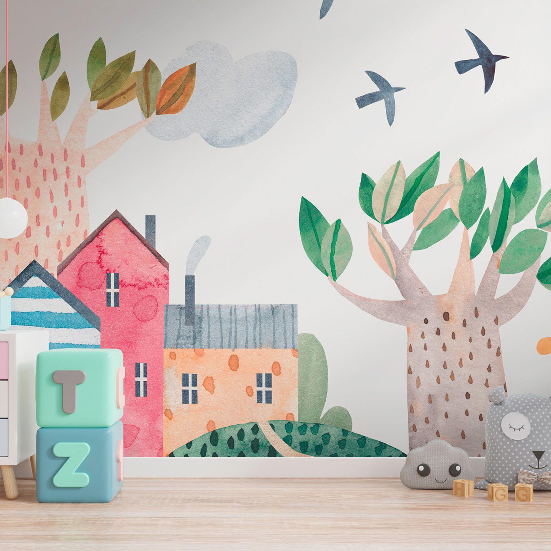 Papier peint chambre enfant montgolfière & village de contes de fées - 375 x 250 cm - Papier peint photo | WALL LOVE