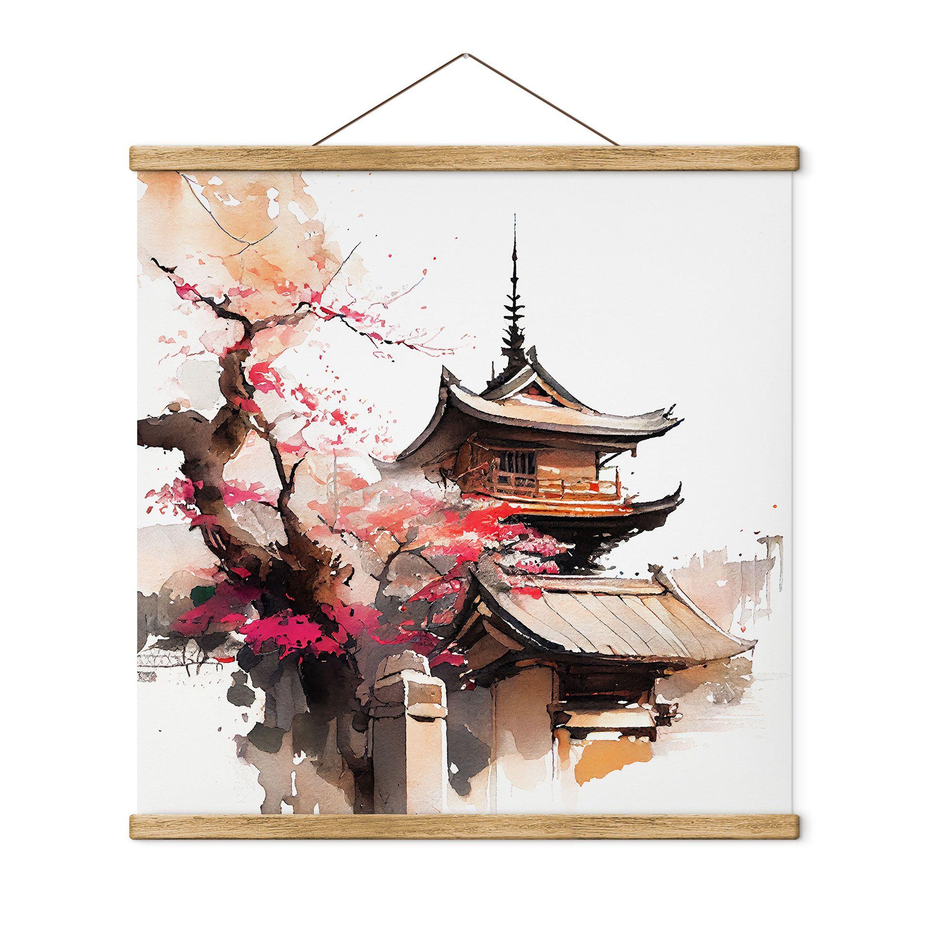 Póster de tela Pagoda japonesa con cerezos en flor - Jaszke - Cuadrado