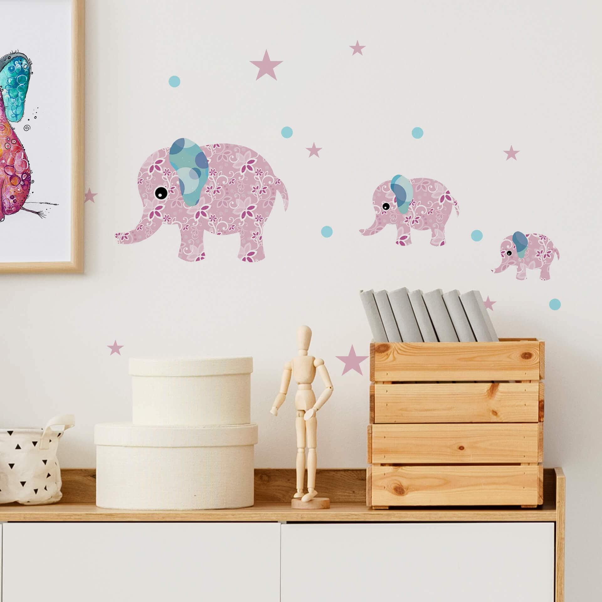 Wallsticker - Mønsterelefant, pink (sæt med 3)