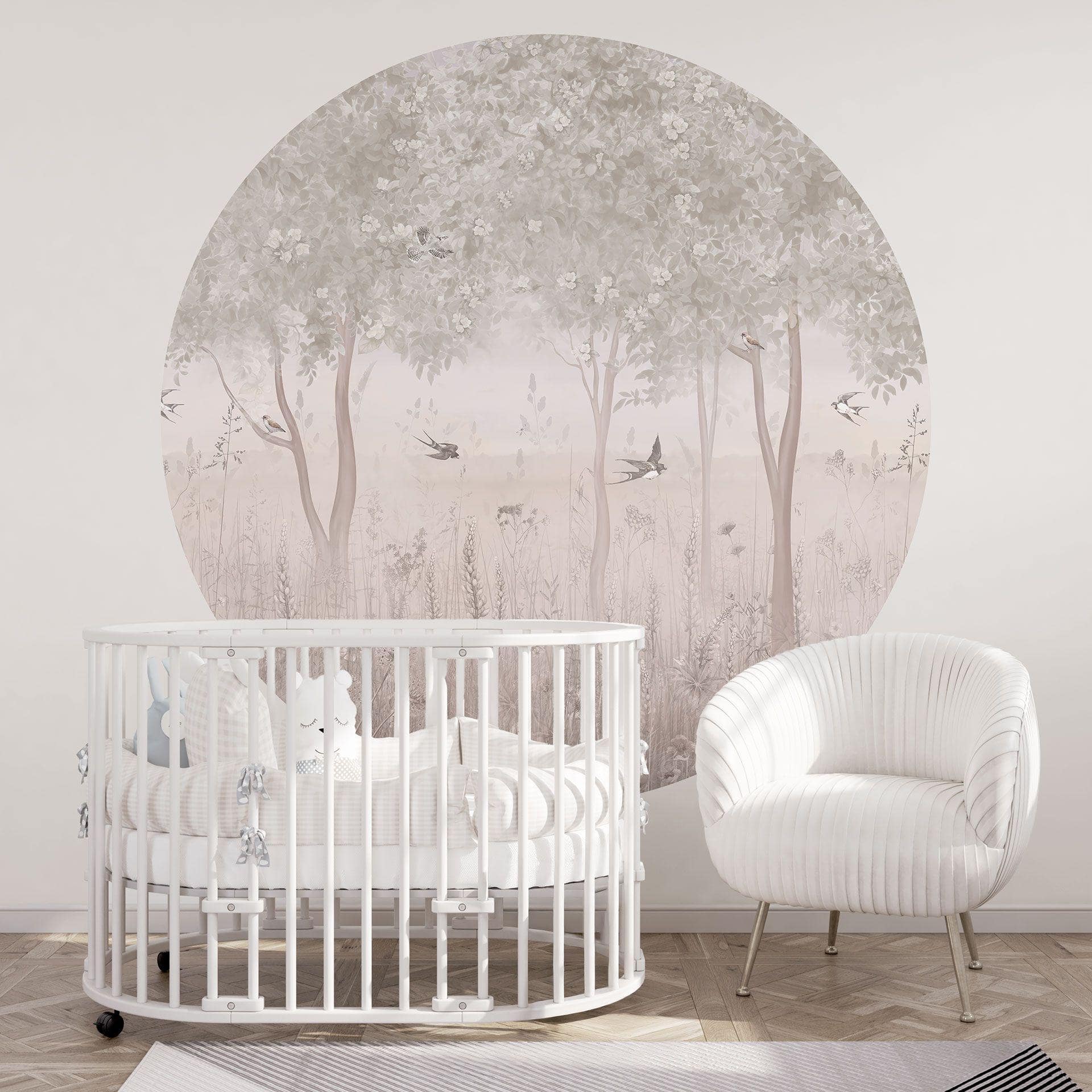 Fotobehang kinderkamer zomerzwaluwen in een bos bloemen - Ms Tiff - rond - zelfklevend/niet-geweven