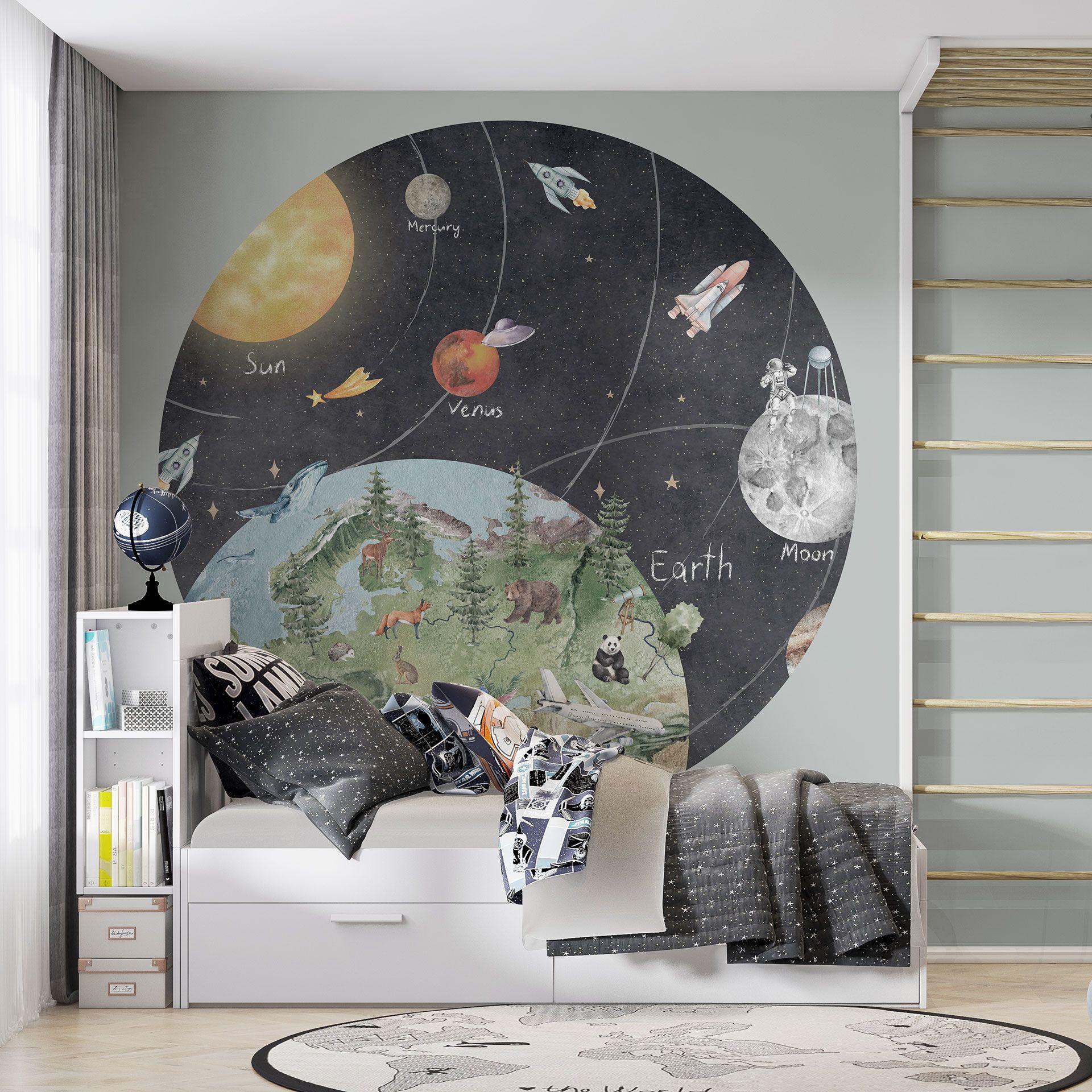 Fotobehang voor kinderen zonnestelsel met planeten en aarde - Ms Tiff - Rond - Zelfklevend/niet-gewe