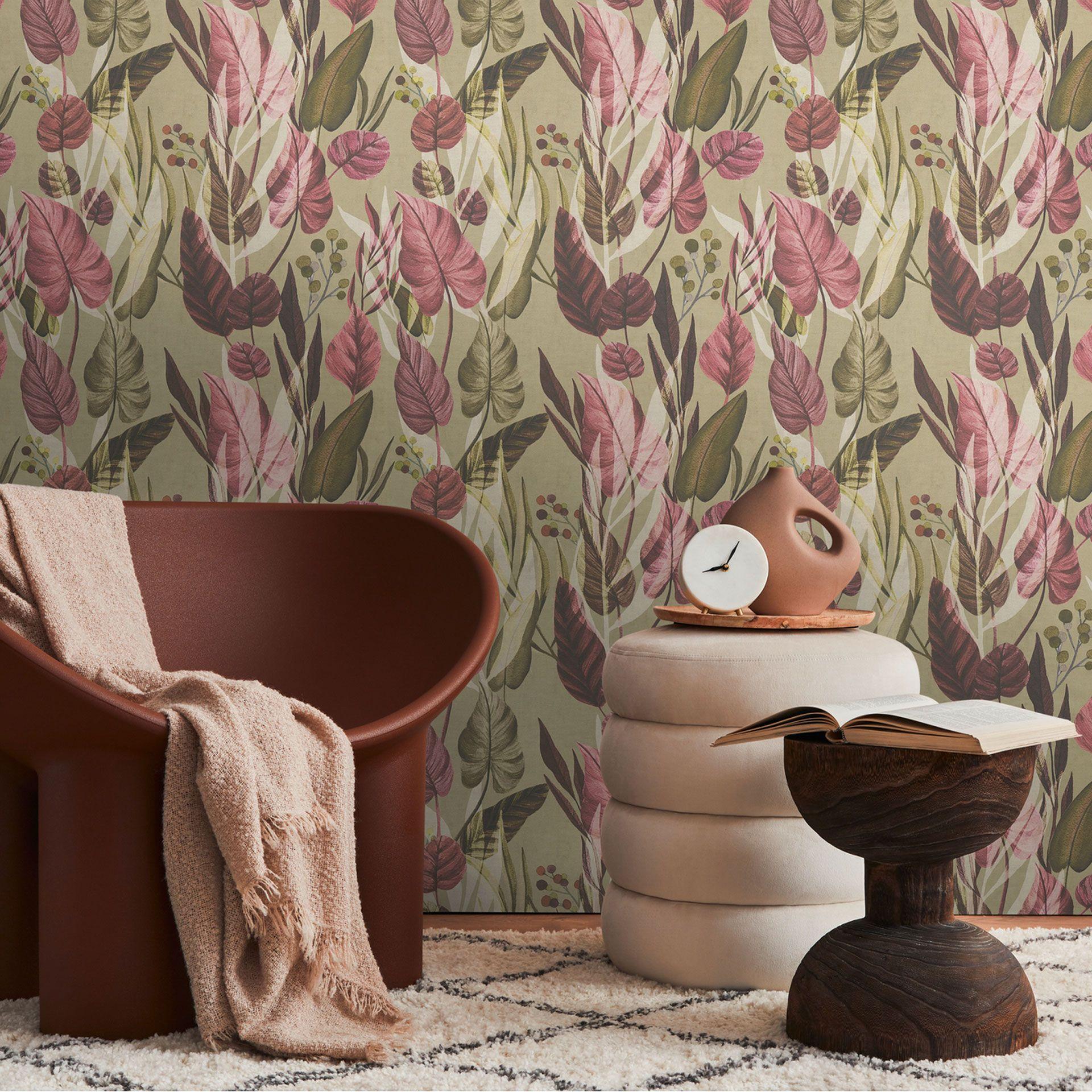 Botanisk tapet beige pink - Tapet med mønster og blade - Ikke-vævet tapet