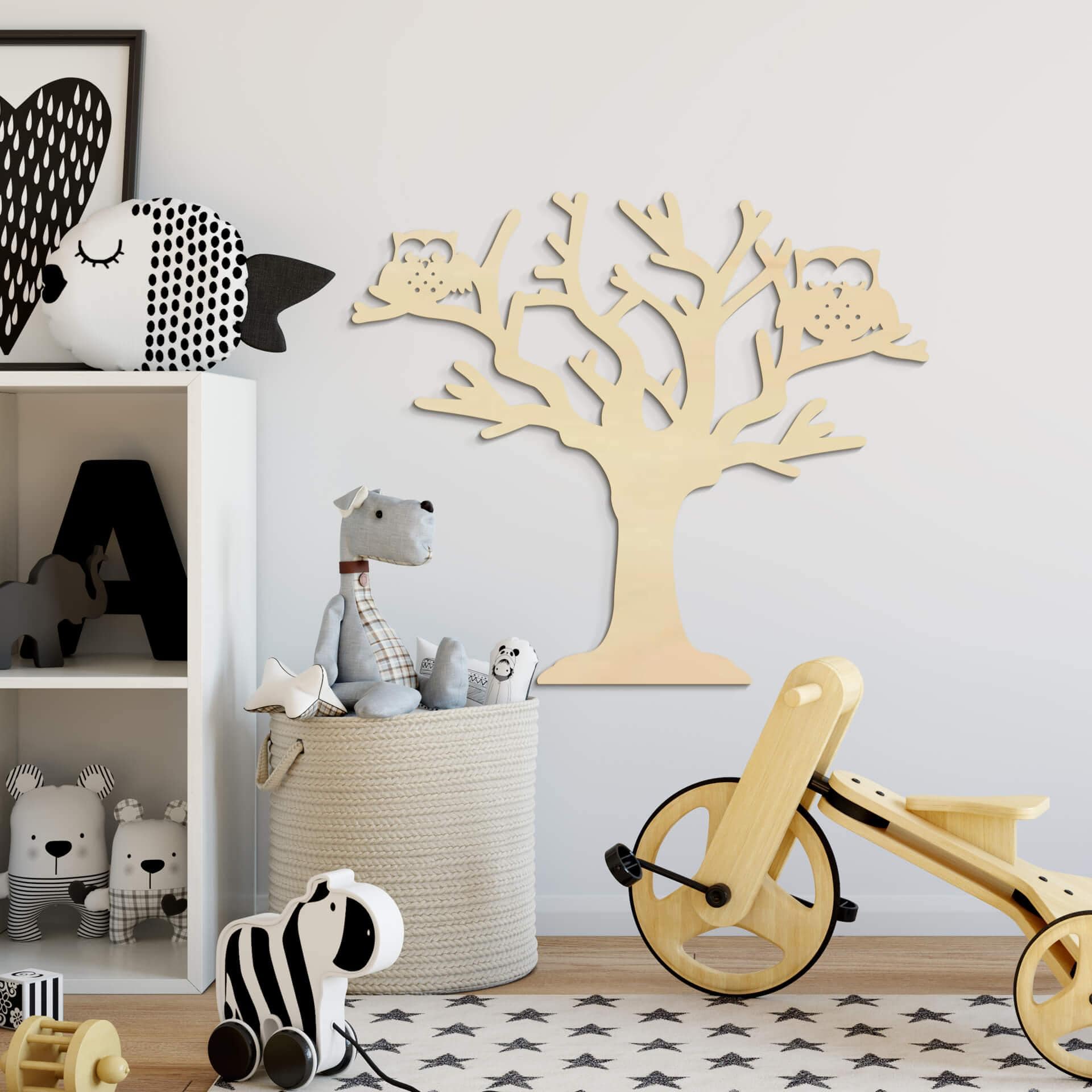 Décoration en bois -  Arbre avec hiboux - Placage de peuplier