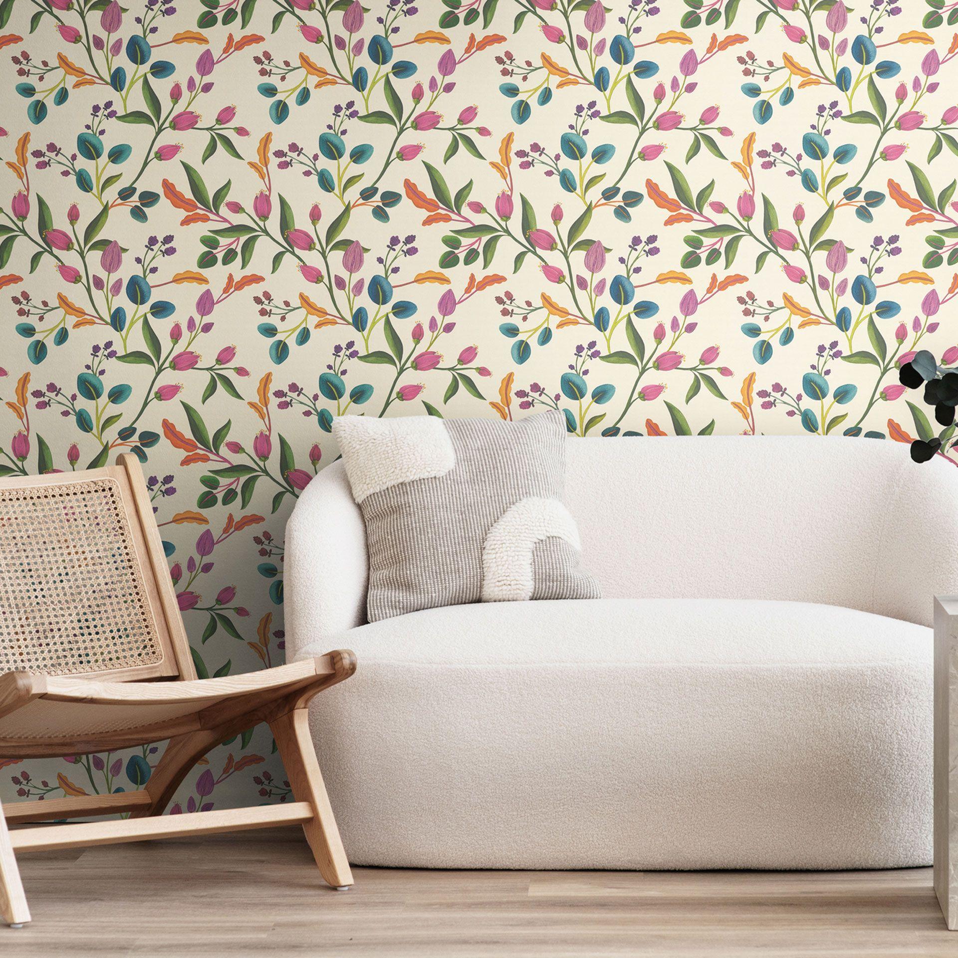 Tapet med mønster blomster pink orange blå - legesygt blomsterlook - Ikke-vævet tapet