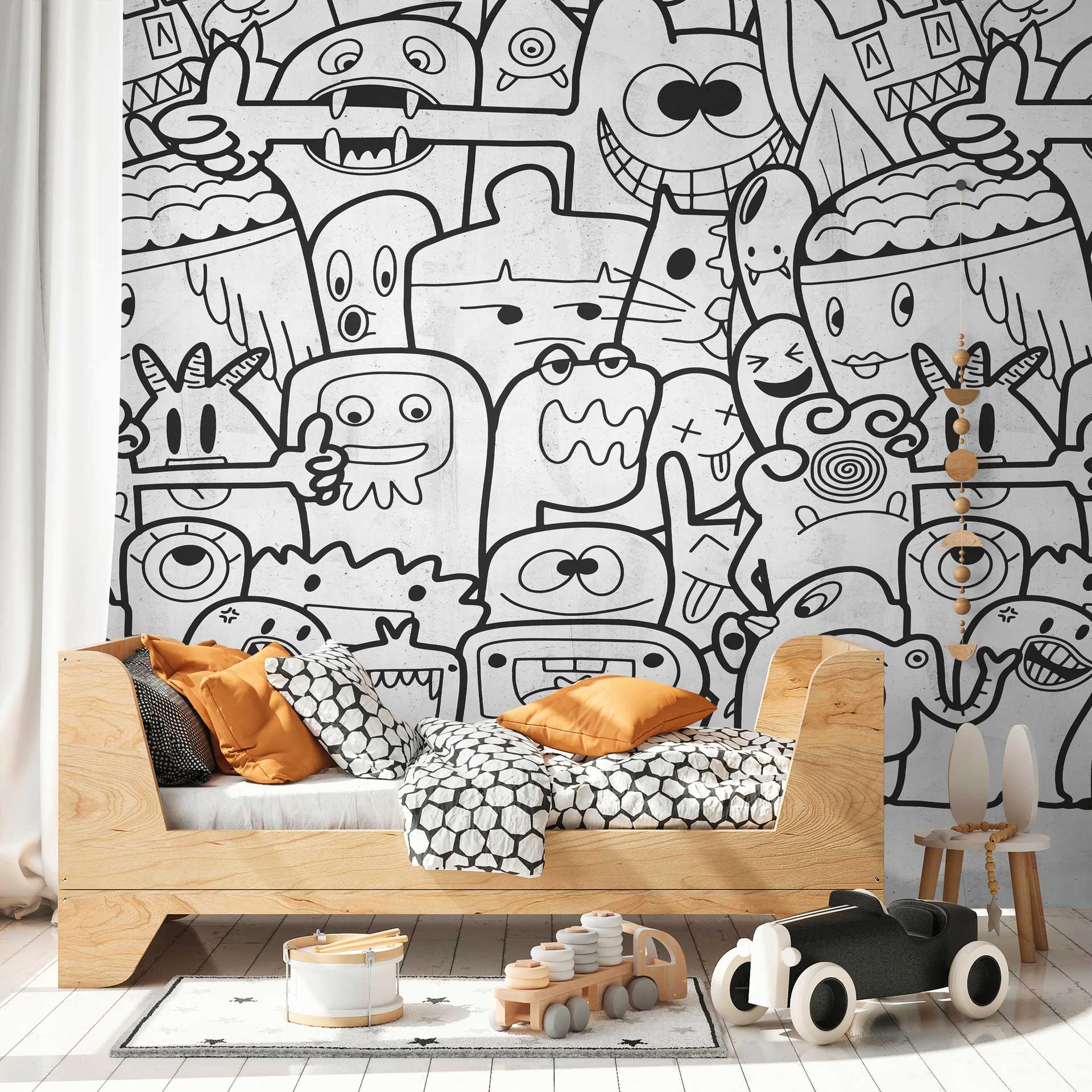 Tegneserietapet med sjove figurer sort hvid - non-woven tapet cartoon design - tapet