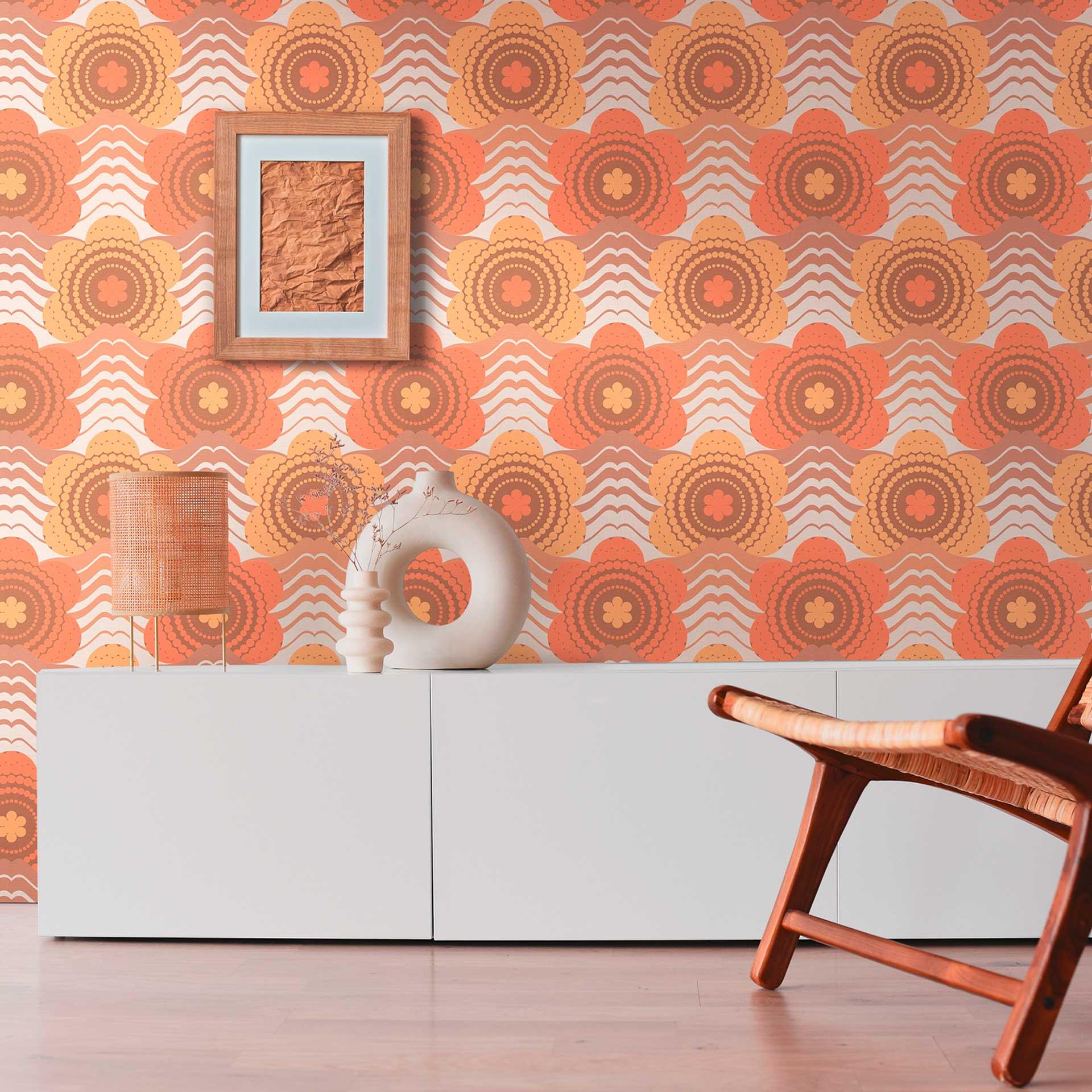 Papel pintado no tejido con flores marron naranja - papel pintado retro floral - papel pintado vintage