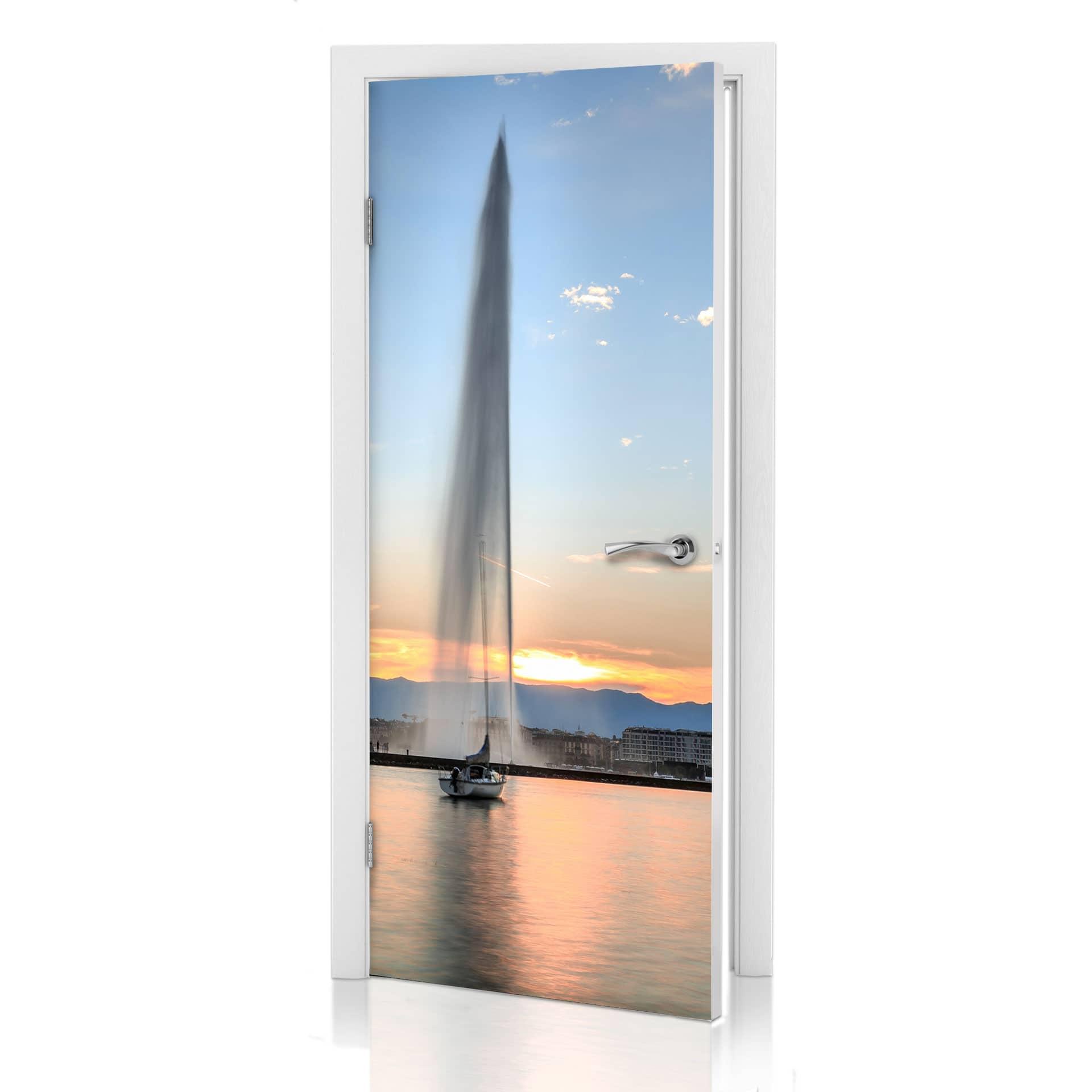 Türdesign Wasserfontäne im Genfer Sonnenuntergang 91x200 cm